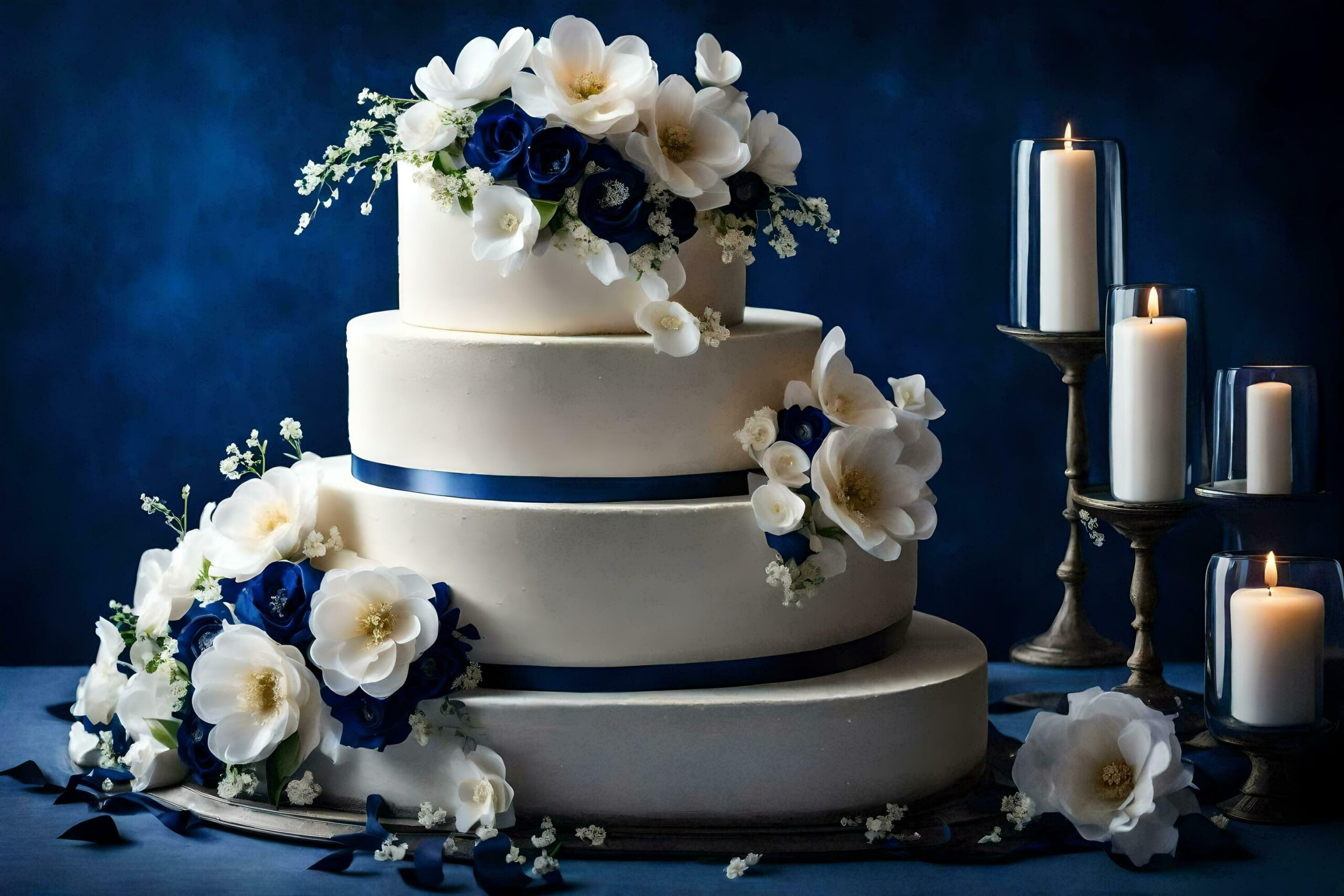 a three tiered wedding cake with blue and white flowers Free Photo