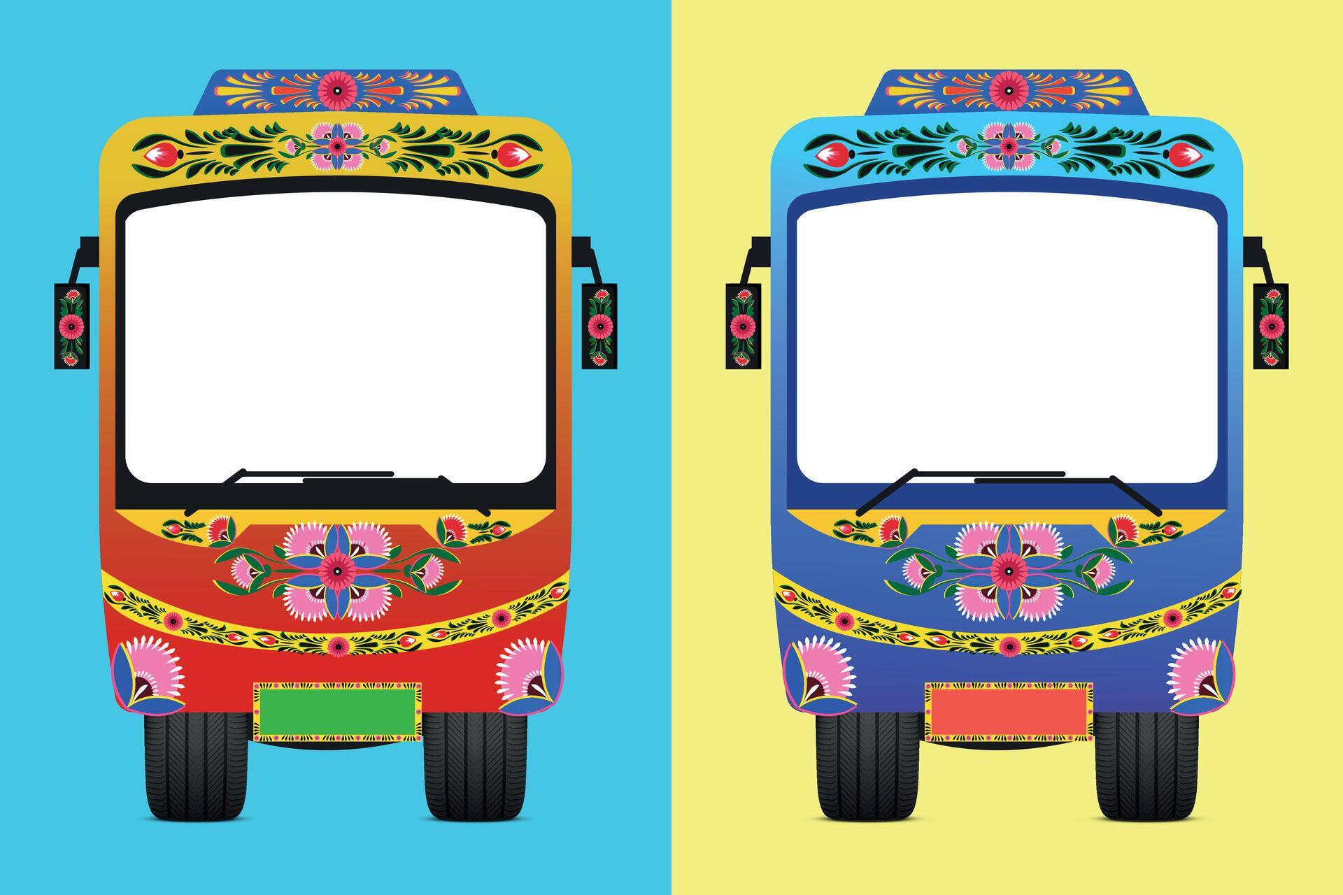 Set of colorful trucks with a colorful flower pattern on the front Stock Free