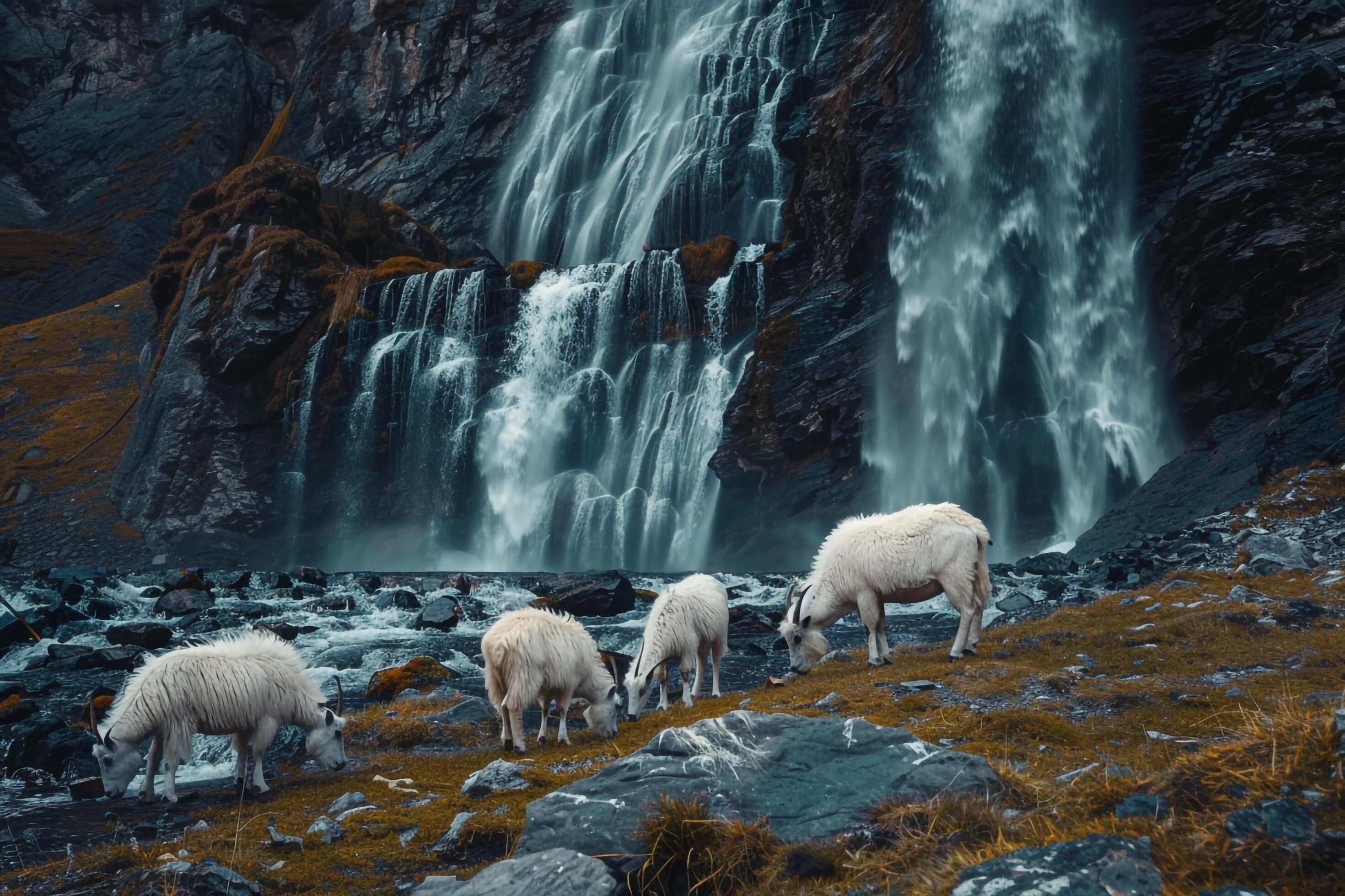 Serene Waterfall in a Mountainous Landscape with a Family of Mountain Goats Grazing Nearby Nature Background Stock Free