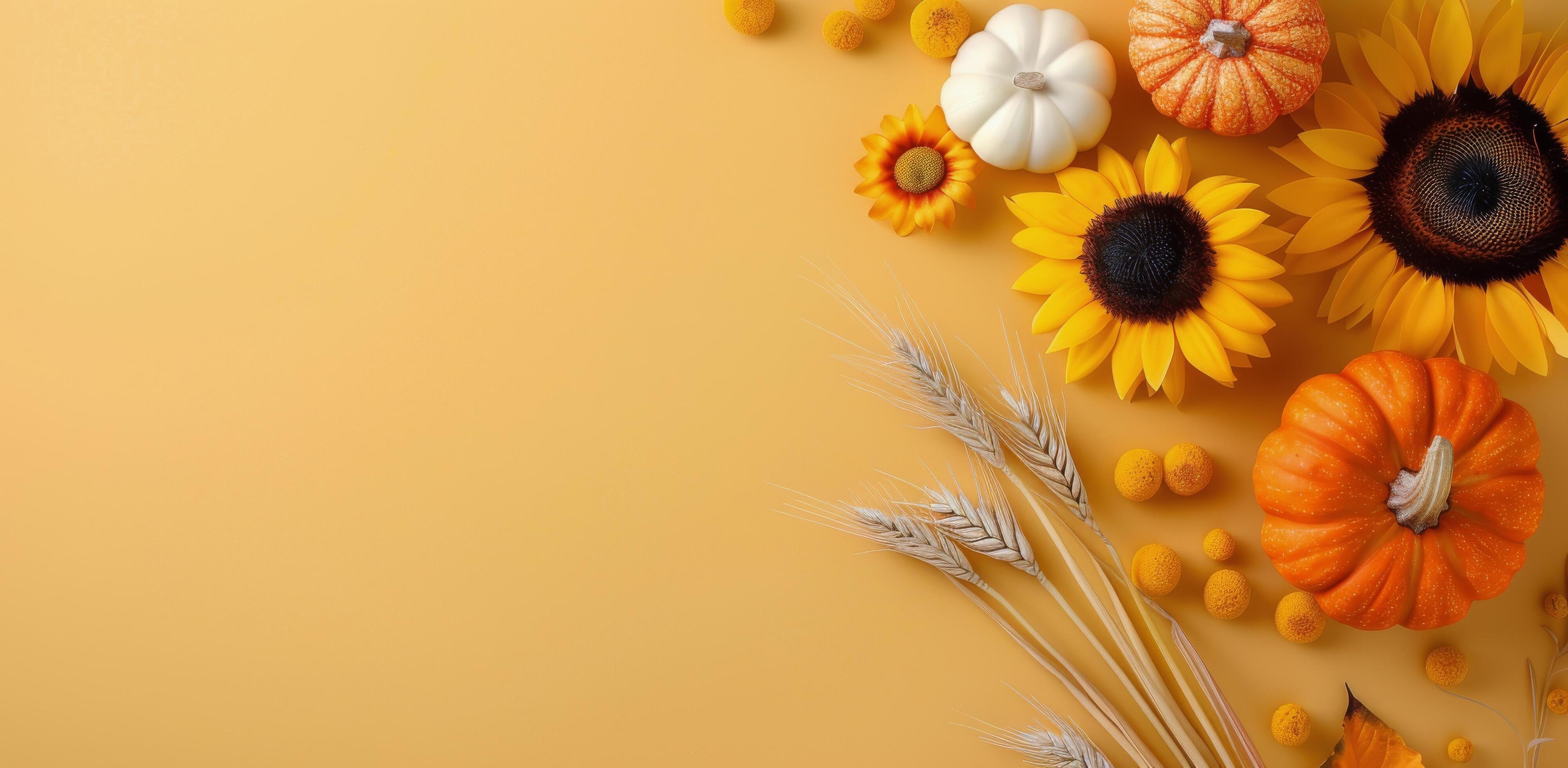 Vibrant Sunflower Arrangement With Pumpkins on Yellow Background in Autumn Stock Free