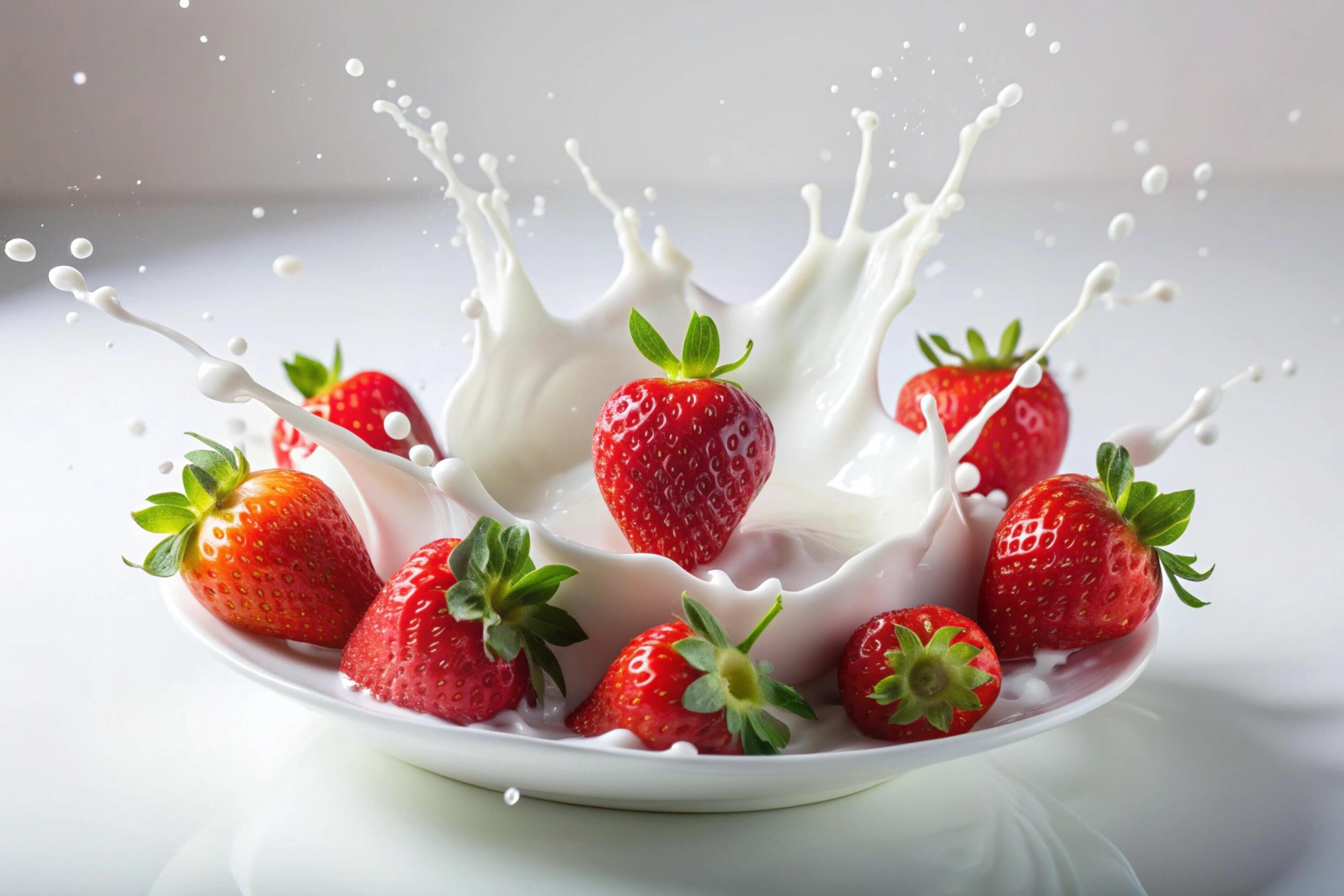 Milk splashes with strawberry on white background Stock Free