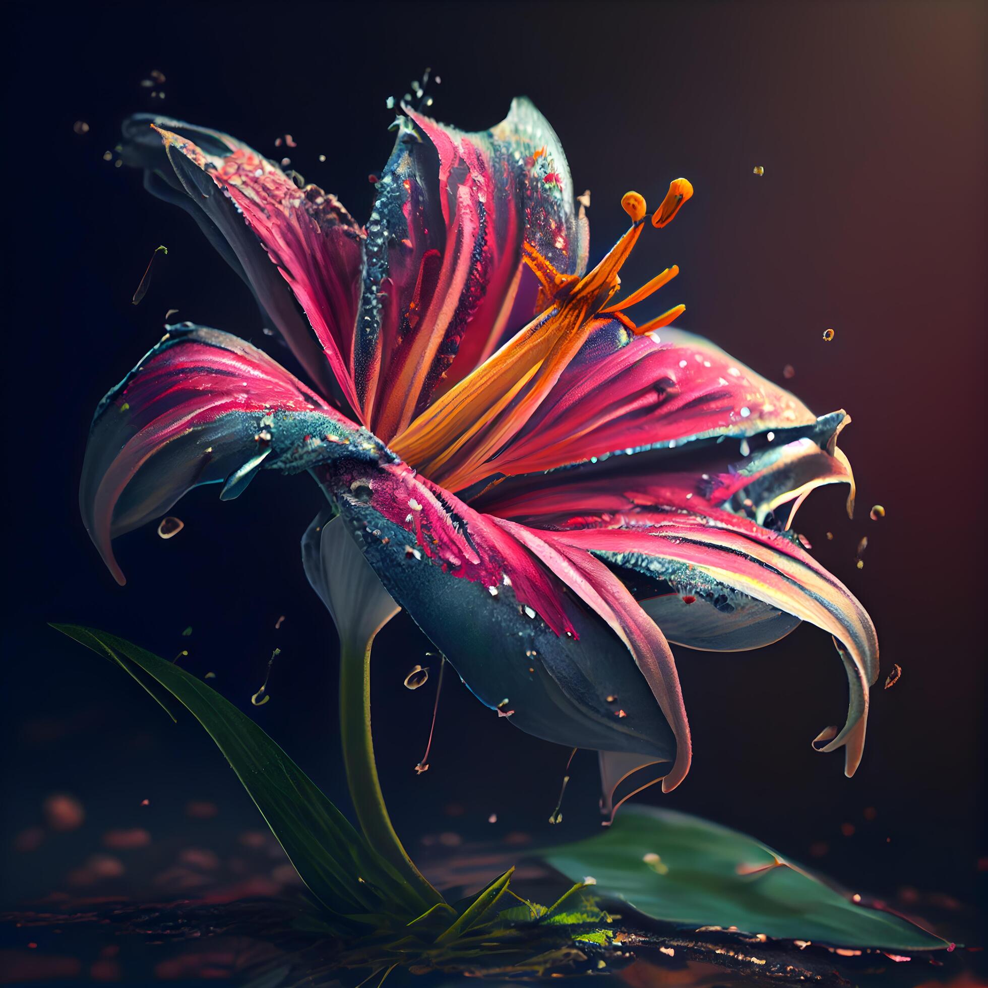 Beautiful lily flower with water drops on black background. 3d rendering, Image Stock Free