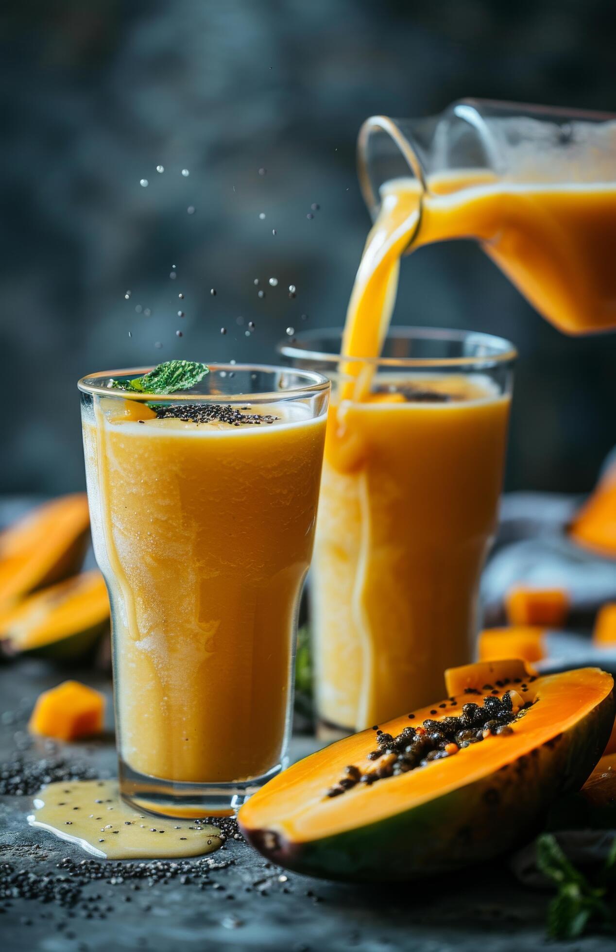 Fresh Papaya Smoothie Being Poured Into Glass on Tabletop Stock Free