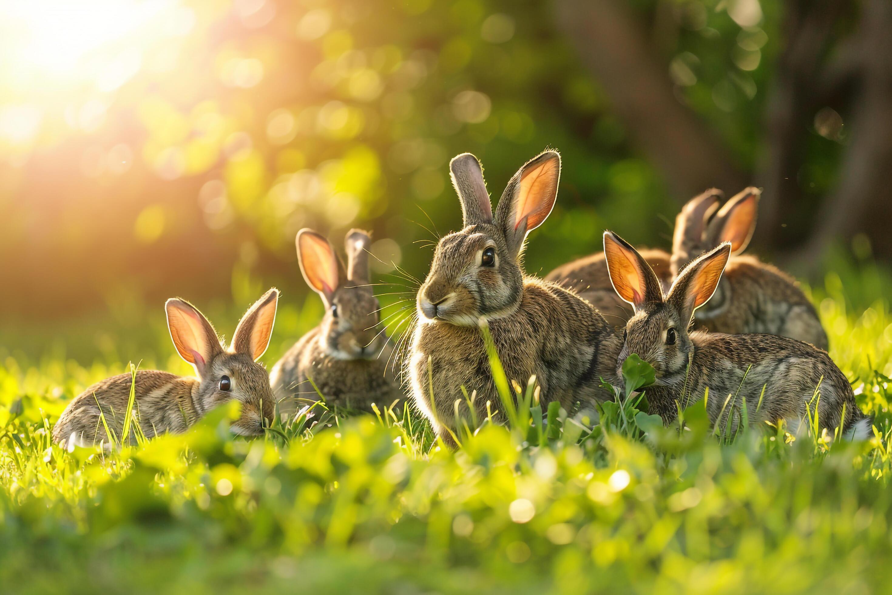 Family of Rabbits Nibbling on Fresh Green Grass in a Sunlit Meadow Nature Background Stock Free