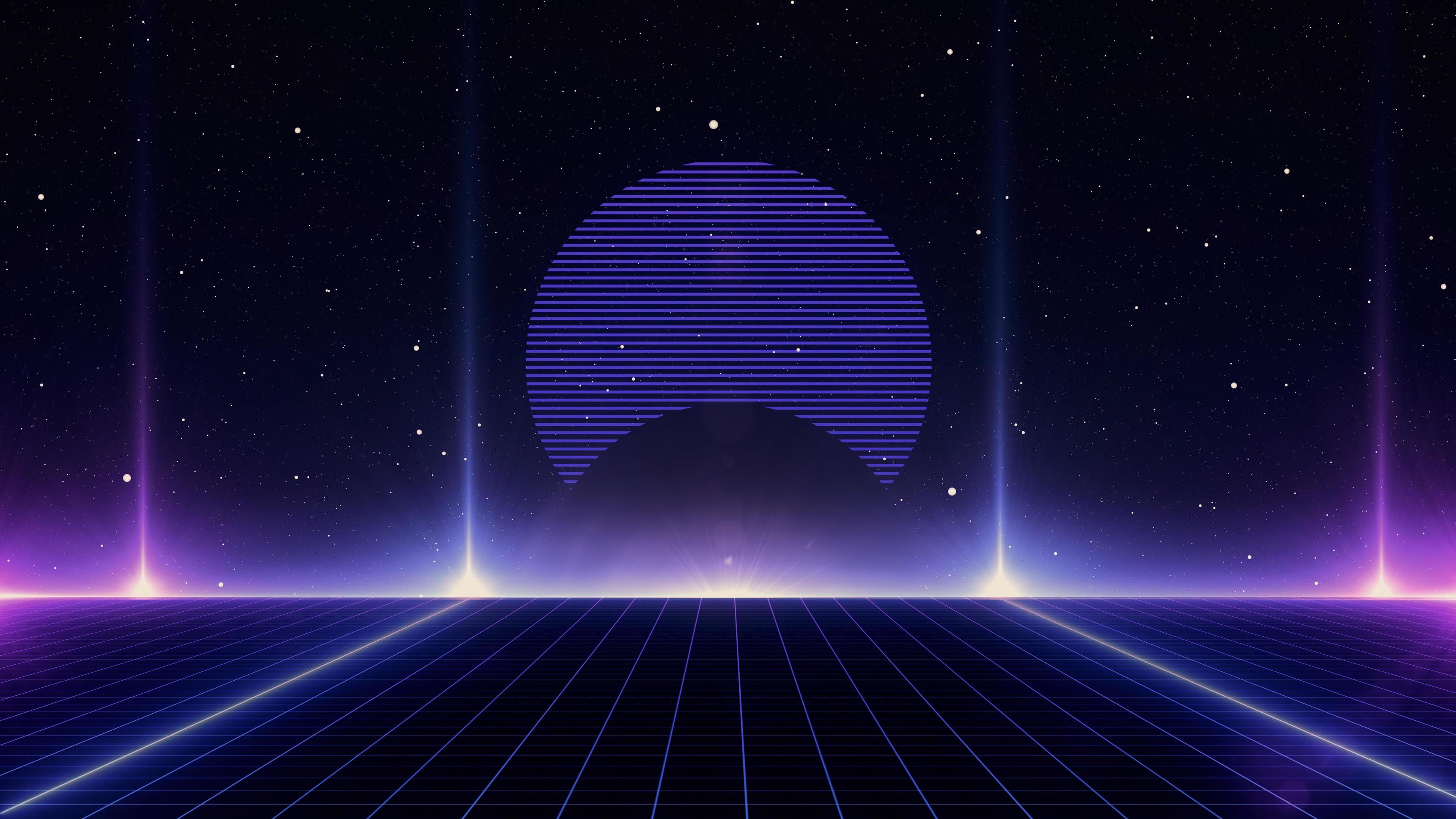 Retro style 80s Sci-Fi Background Futuristic with laser grid landscape. Digital cyber surface style of the 1980s. Stock Free