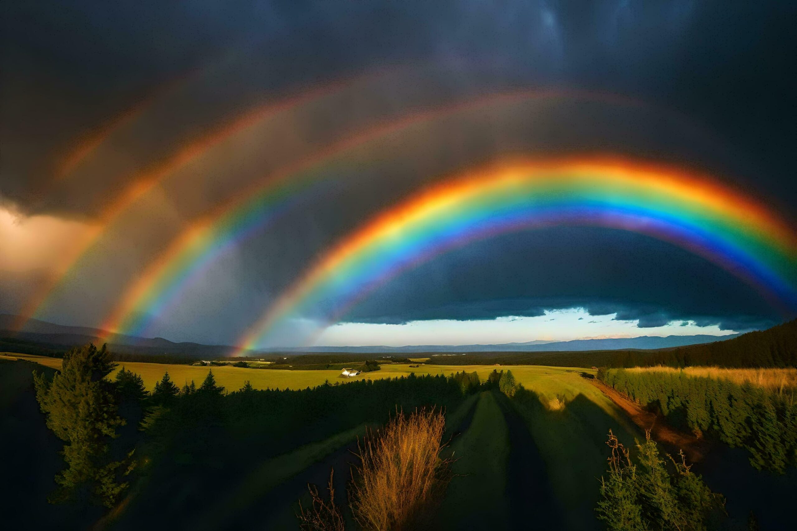 a rainbow appears over a field with trees and a dark sky Free Photo