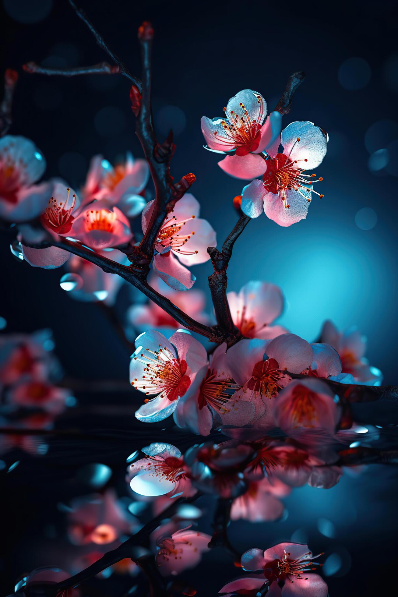 Beautiful Spectral Light red Peach Blossom Branches, flower petals Blue Light Glinting on, Background is Blue, Stock Free