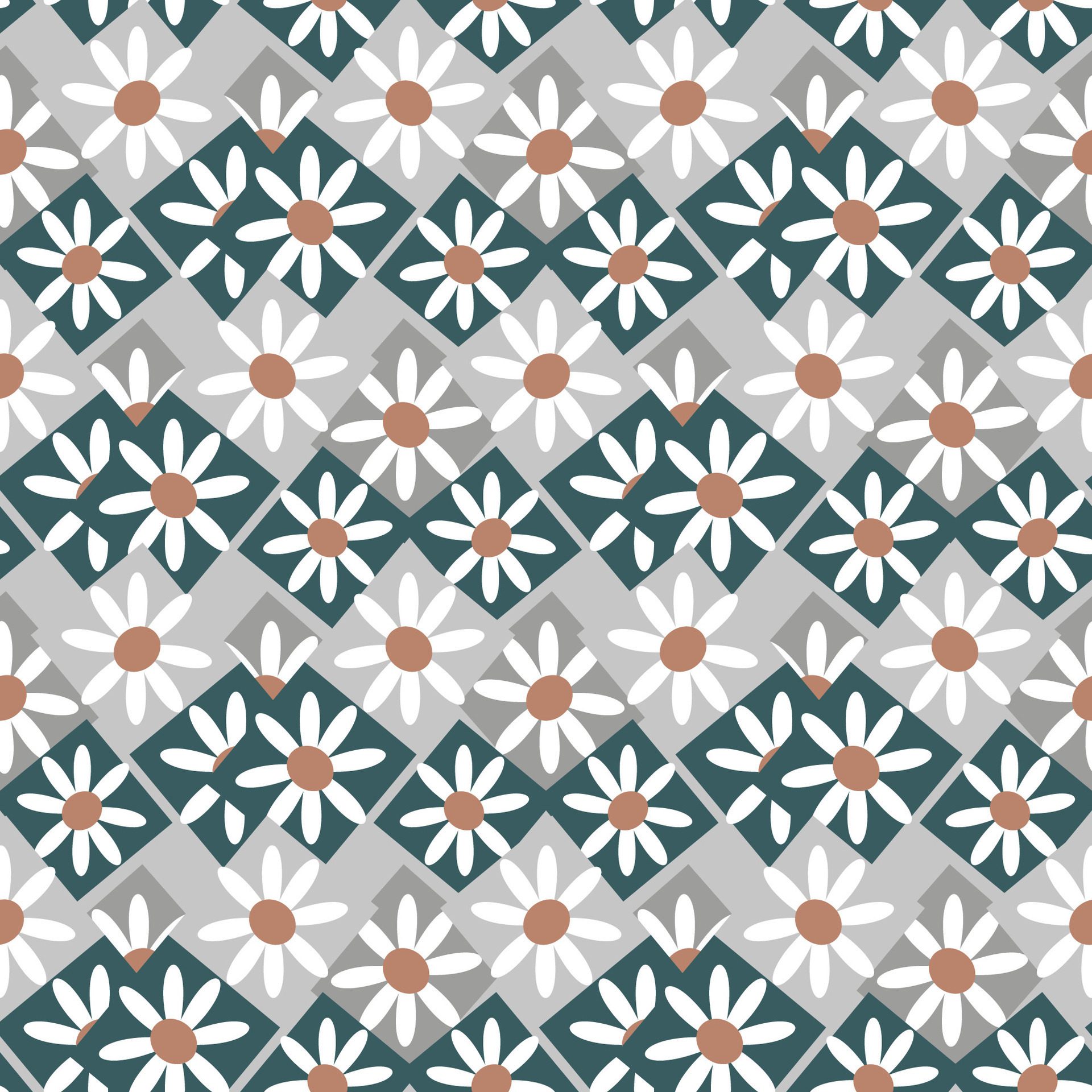 Seamless pattern of graphic geometric elements, daisies in rhombuses in art deco style. Free Vector