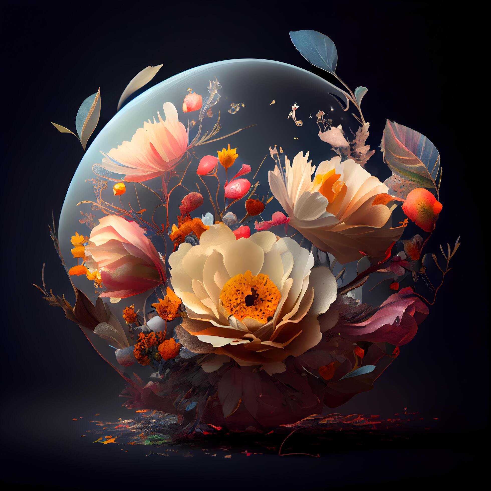 Beautiful flowers in the shape of a planet on a dark background, Image Stock Free