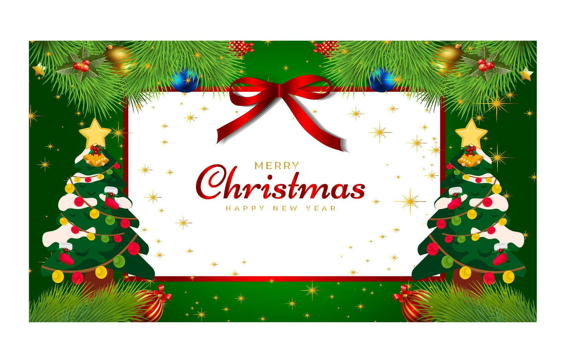 Merry Christmas and Happy New Year. Xmas background banner with Christmas flower, tree, star, balls and golden decoration design. Stock Free