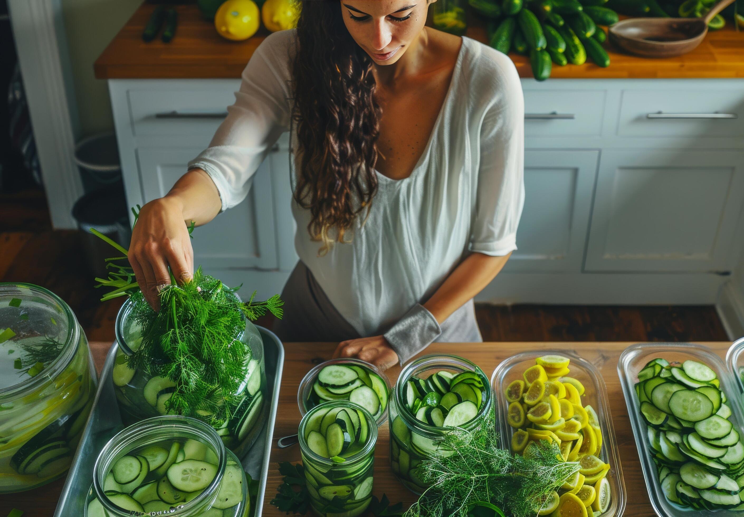 Woman Adding Fresh Dill to Jars of Pickled Cucumber Slices in Kitchen Stock Free