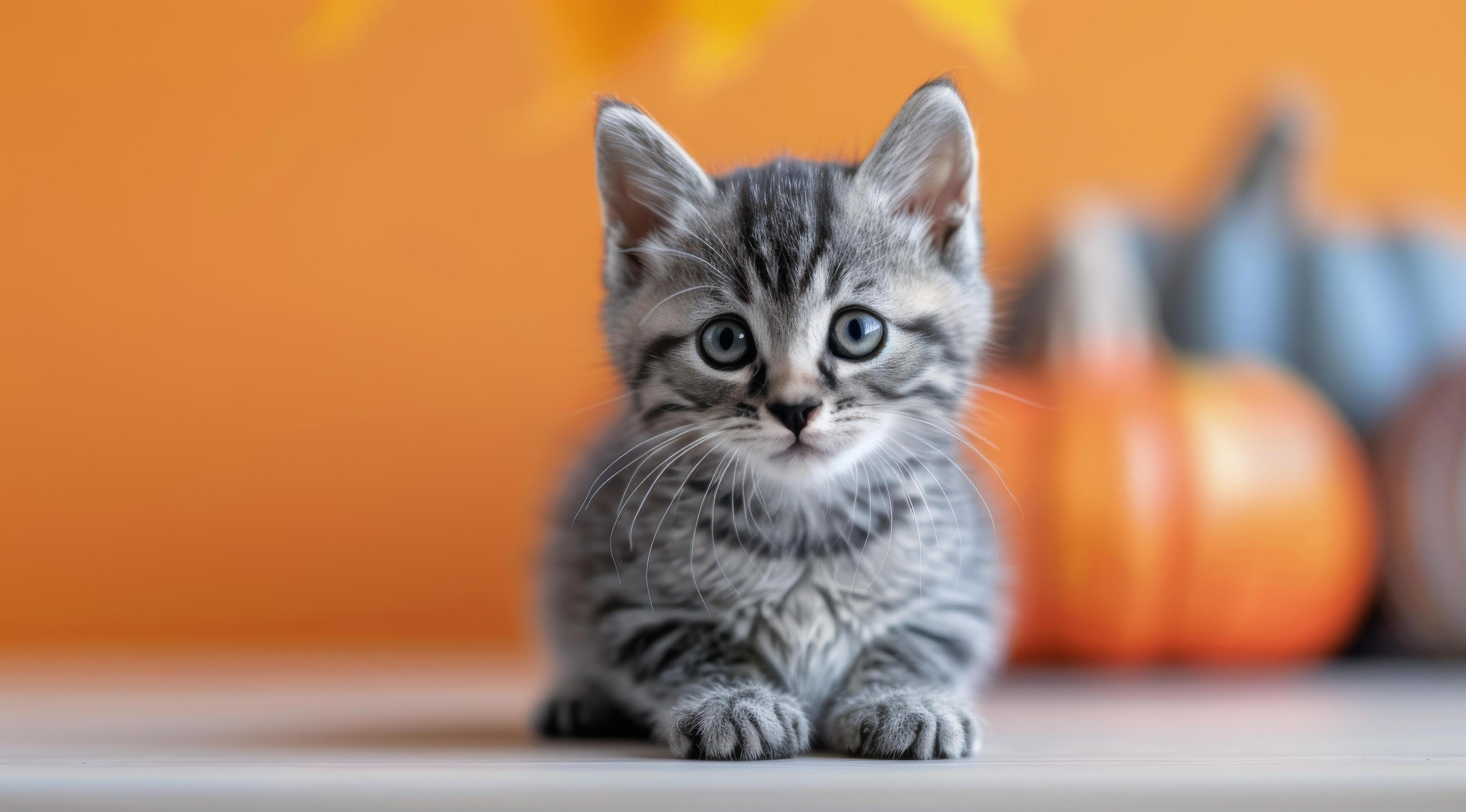 Black Cat Wearing Witch Hat Against Orange Background Stock Free