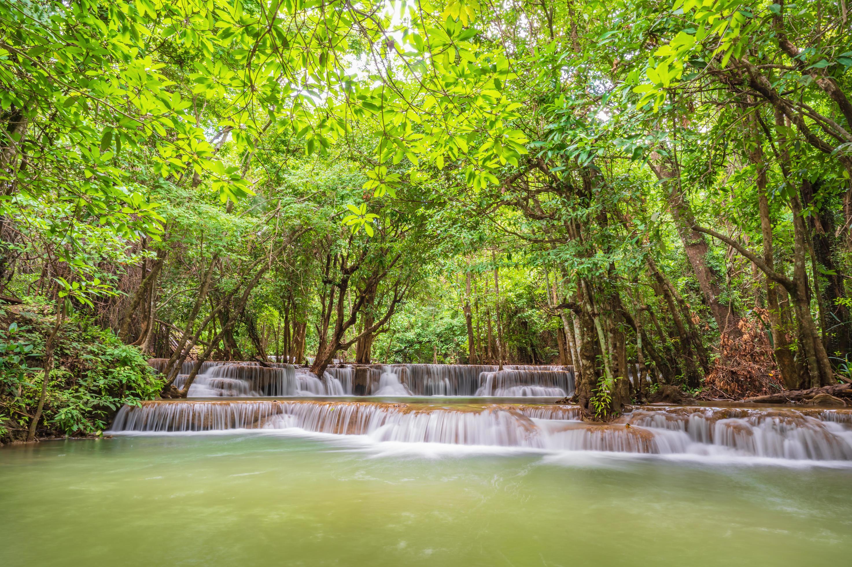 Waterfall of Huai mae khamin waterfall Srinakarin national park at Kanchanaburi thailand. Stock Free