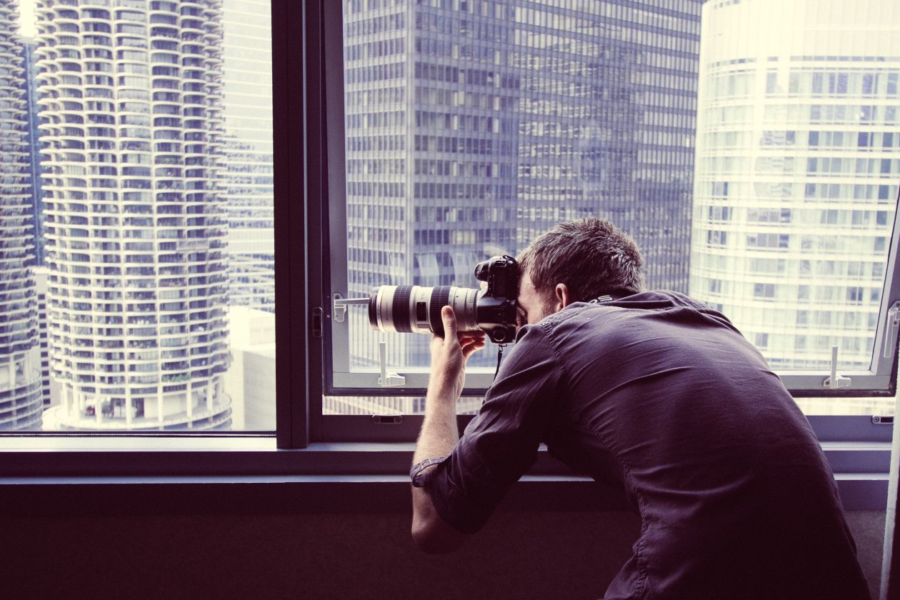 Photographer Window Shooting Chicago Sky Line Stock Free