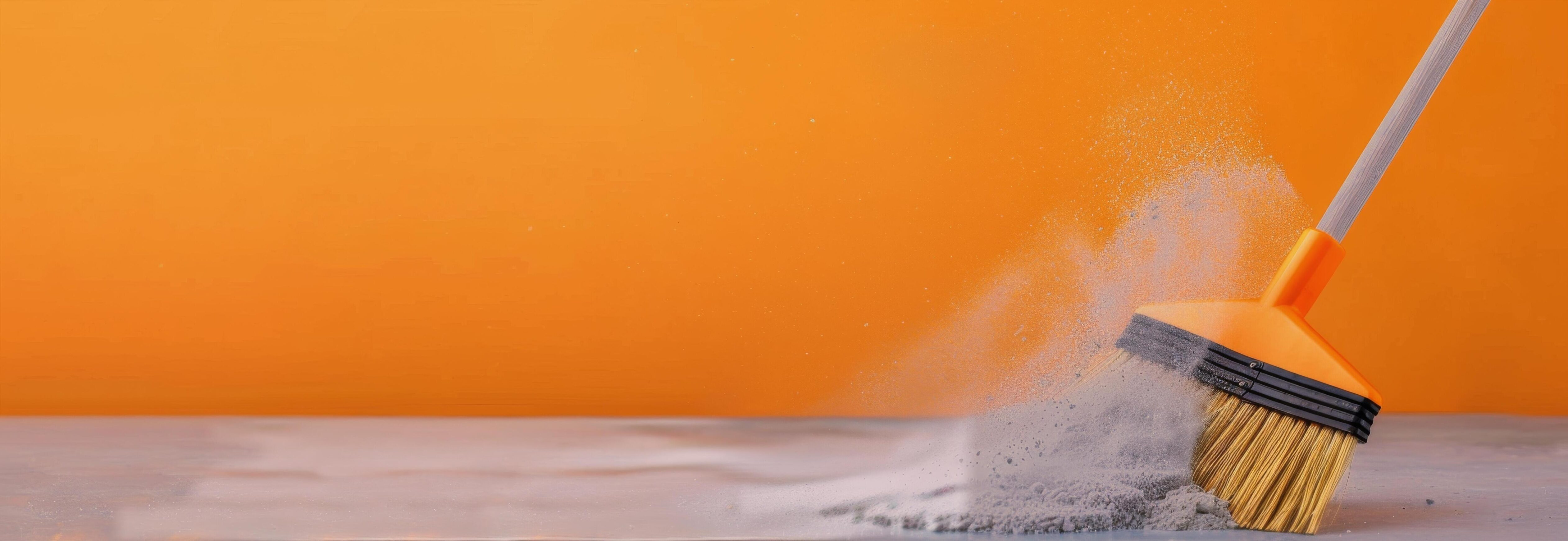 Broom Sweeping Dust on Wooden Surface With Orange Background Stock Free