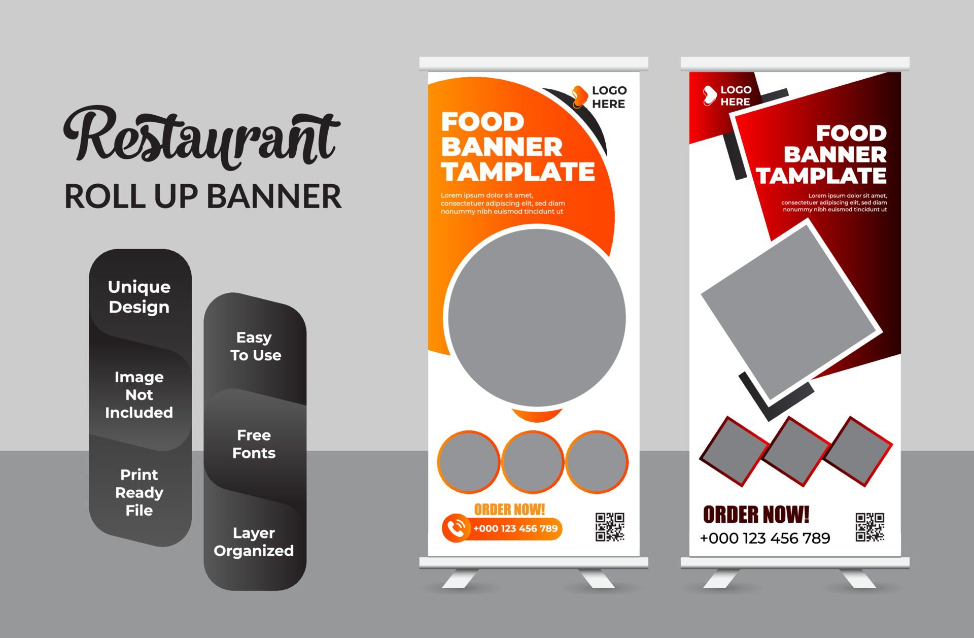 Food and Restaurant roll up banner design template set Free Vector