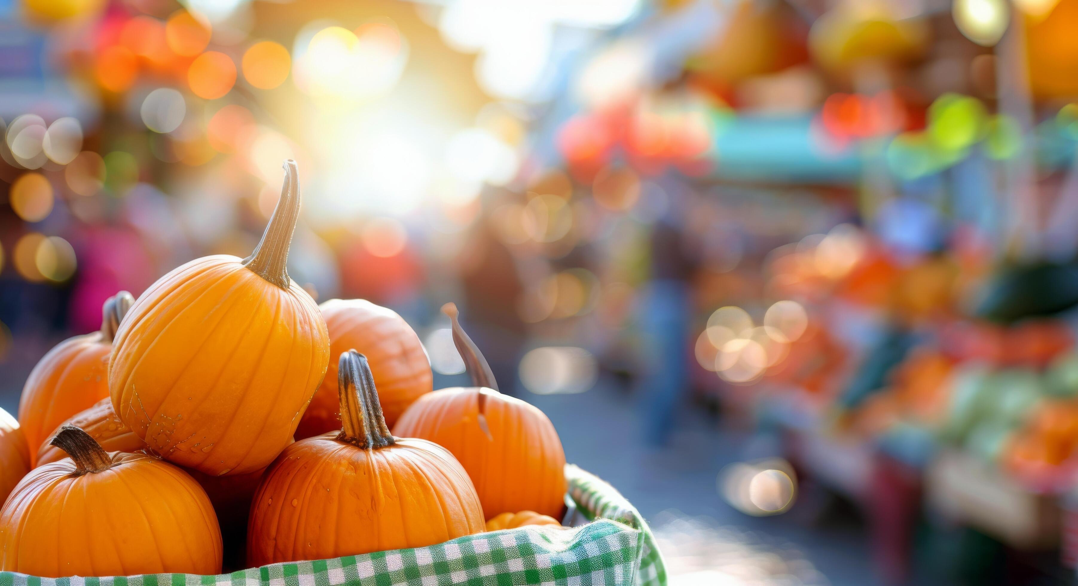 Fresh Pumpkins for Sale at a Vibrant Autumn Farmers Market During Sunset Stock Free