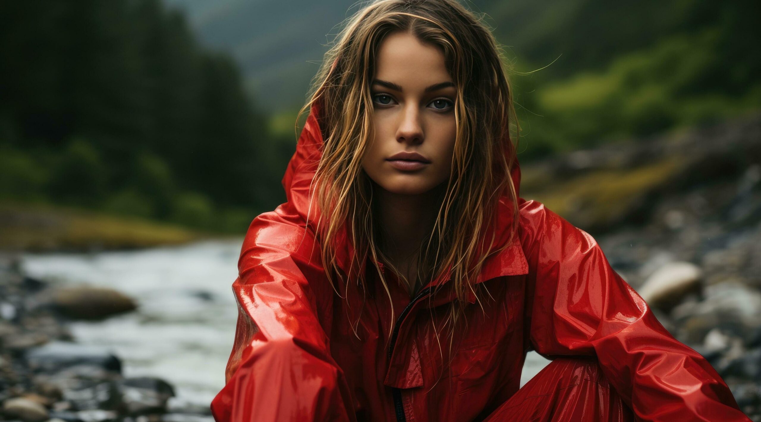 wearing a red rain suit in a stream at sunset in mountain Free Photo