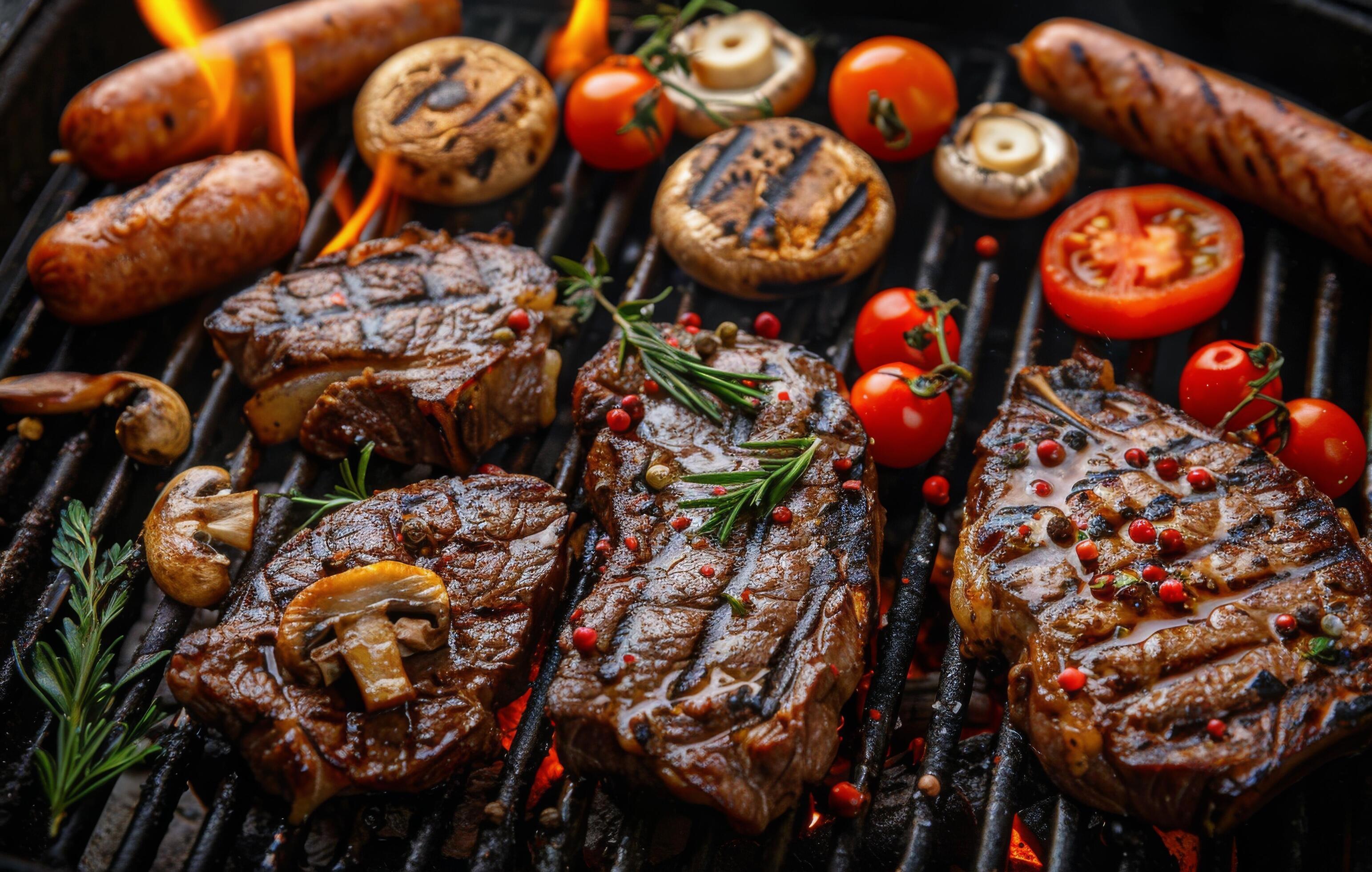 Grilled Steaks, Sausages, and Vegetables on a Charcoal Grill Stock Free