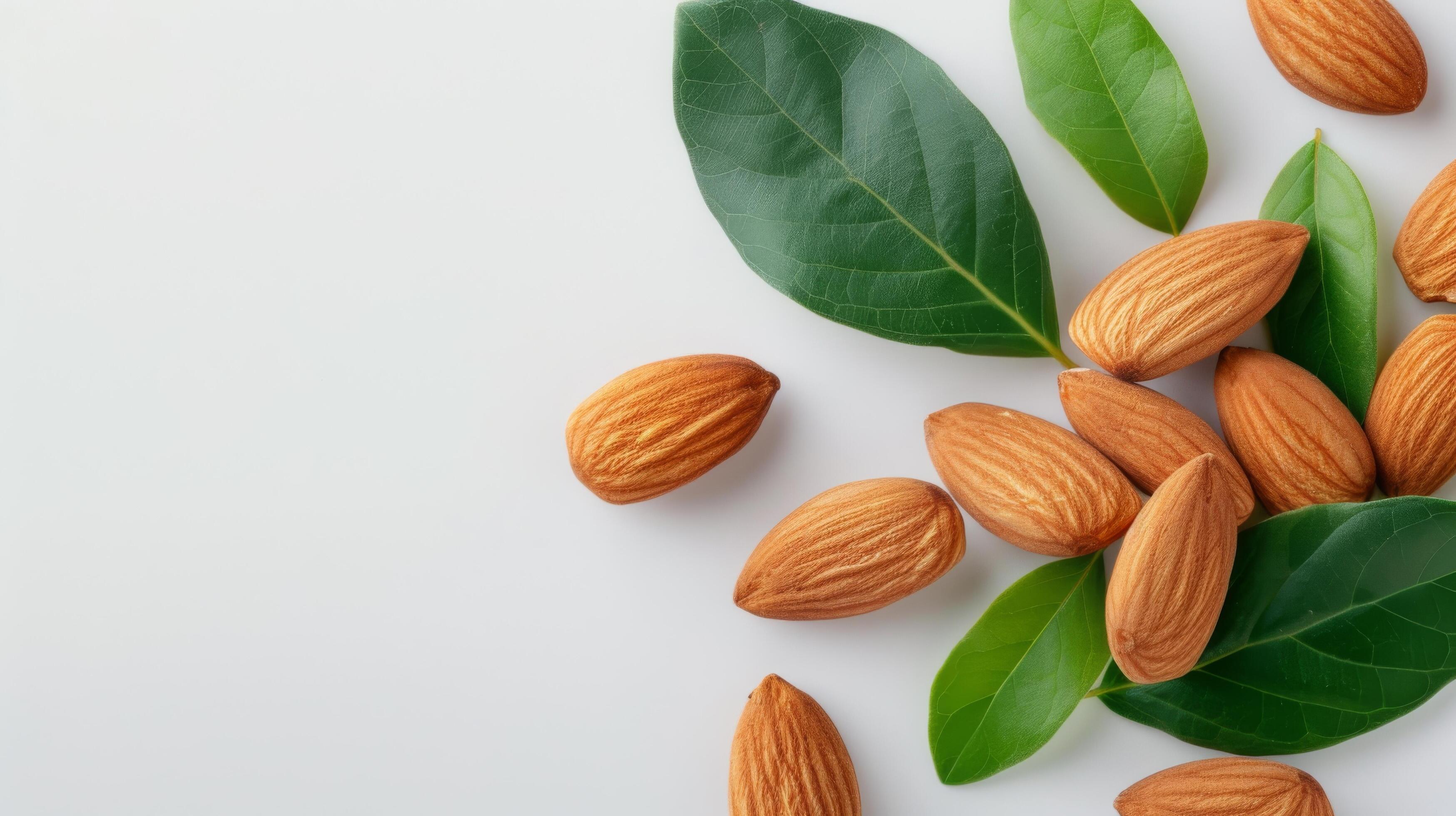 Fresh Almonds With Green Leaves on a Light Background Stock Free