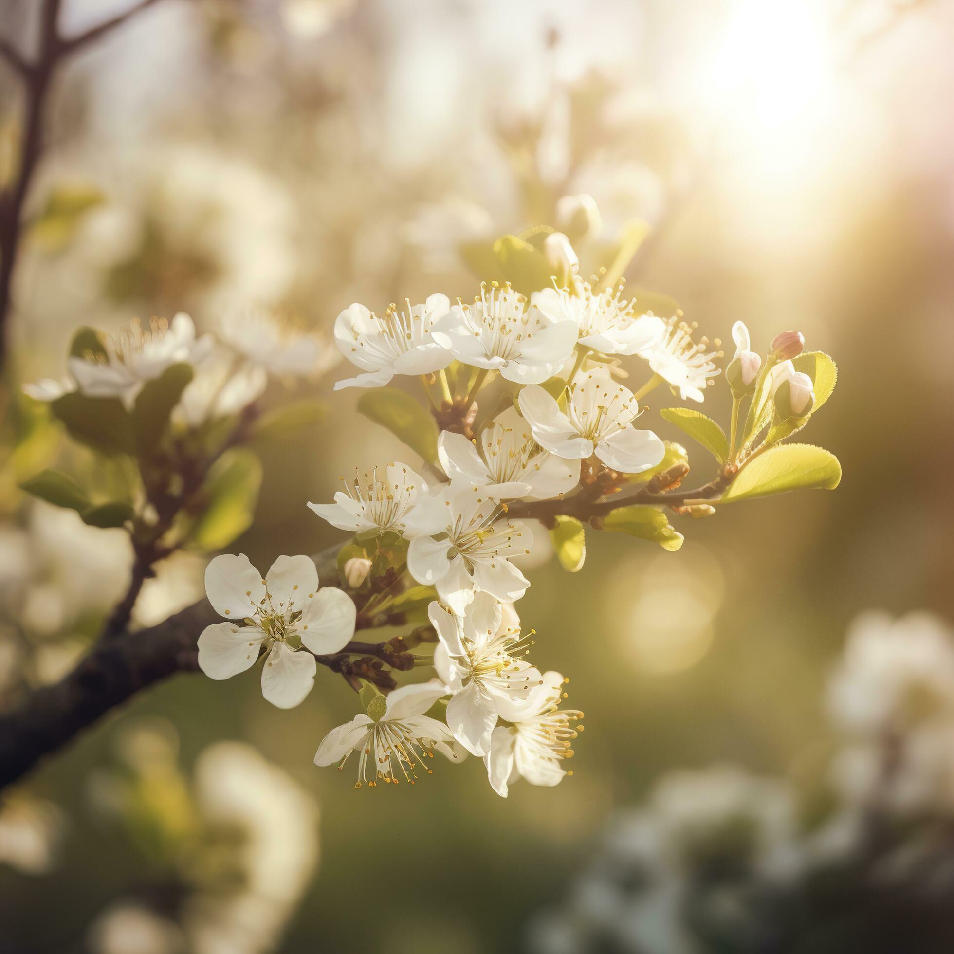 Spring blossom background. Nature scene with blooming tree and sun flare. Spring flowers. Beautiful orchard , generat ai Stock Free