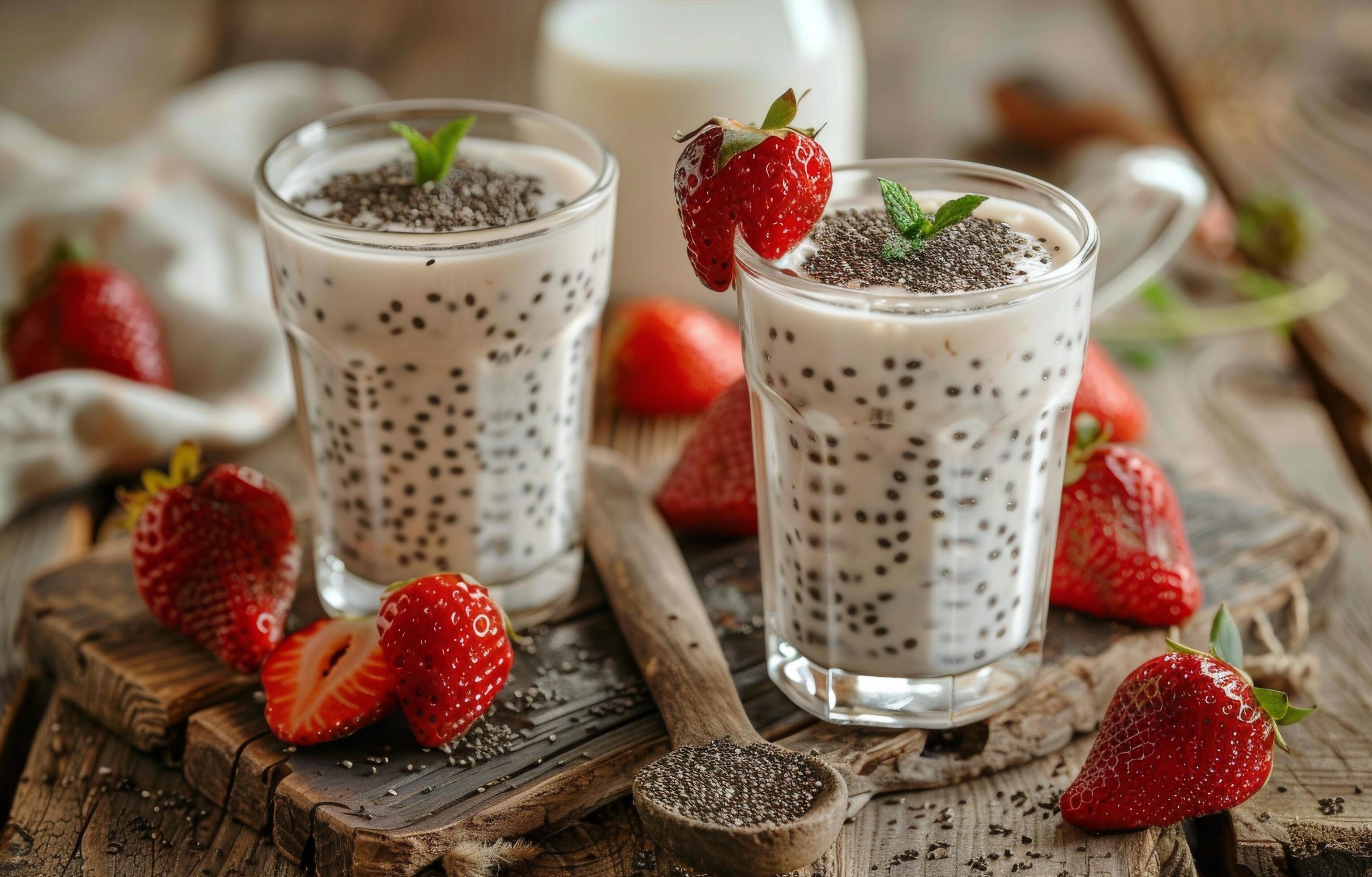 Chia Seed Pudding With Milk and Strawberries on Wooden Cutting Board Stock Free