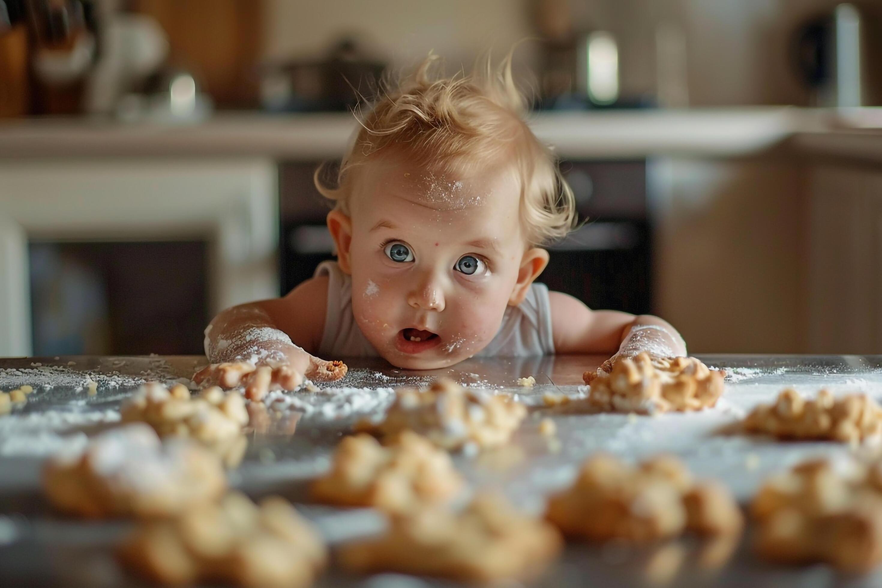 
									Baby Helping to Bake Cookies in a Home Kitchen for Family Fun Baking Moments Stock Free