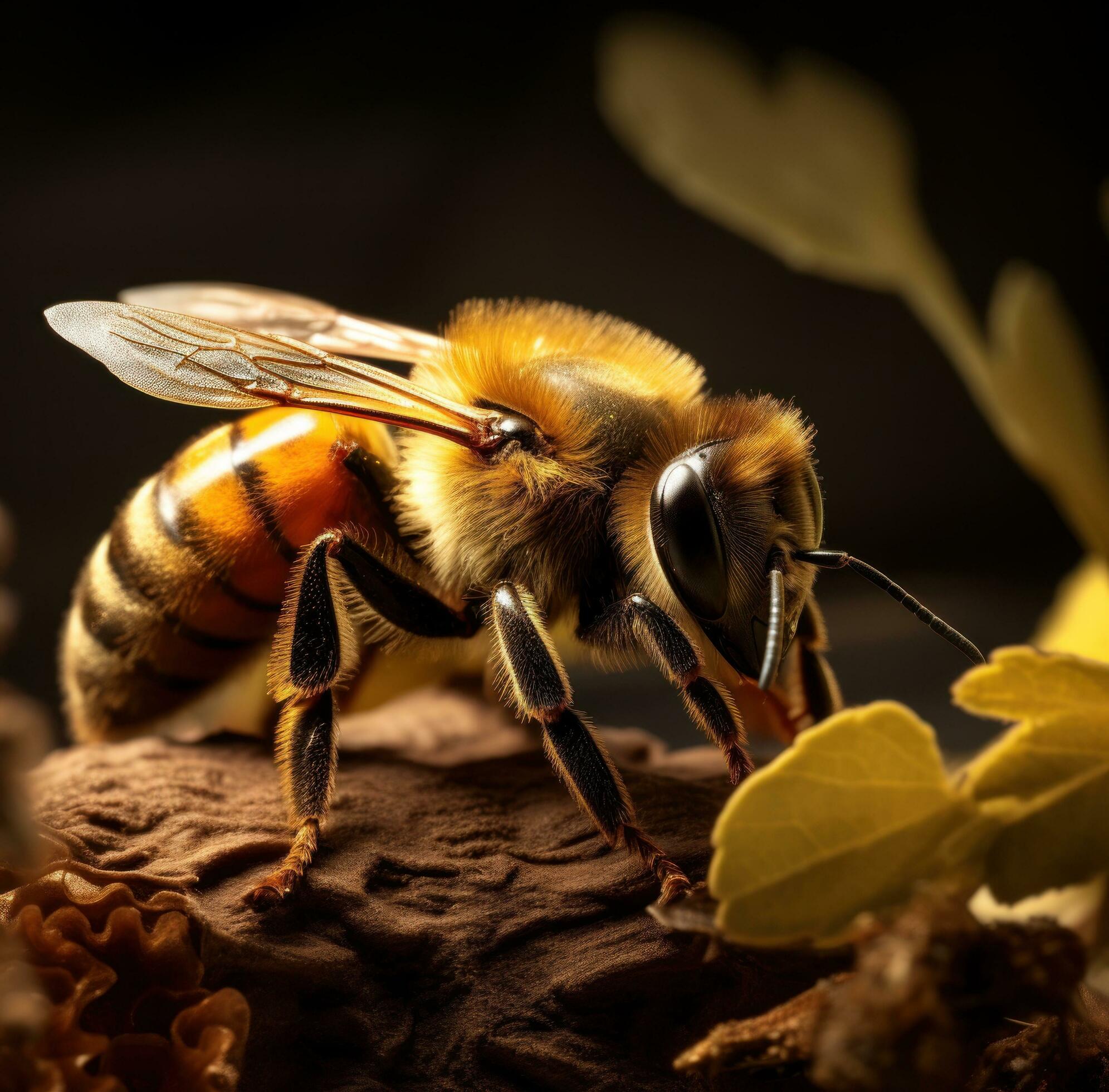 a bee on a black background with a yellow flower, Free Photo