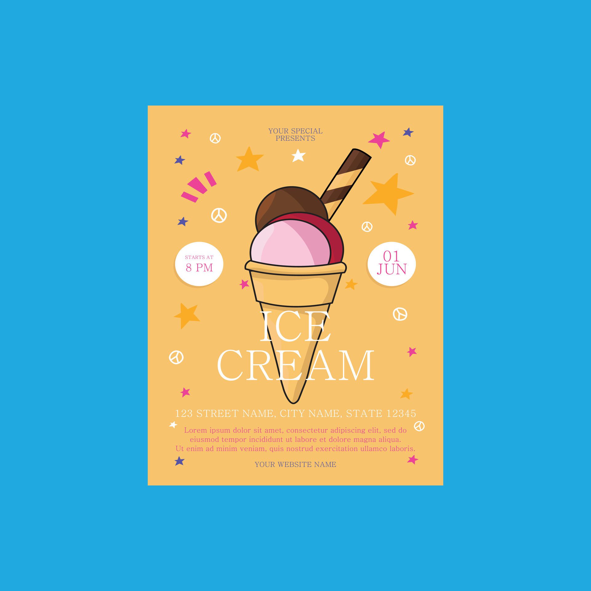 delicious ice cream in bright colors. Summer background, poster, banner, flyer, party invitation template. Creative paper art Free Vector