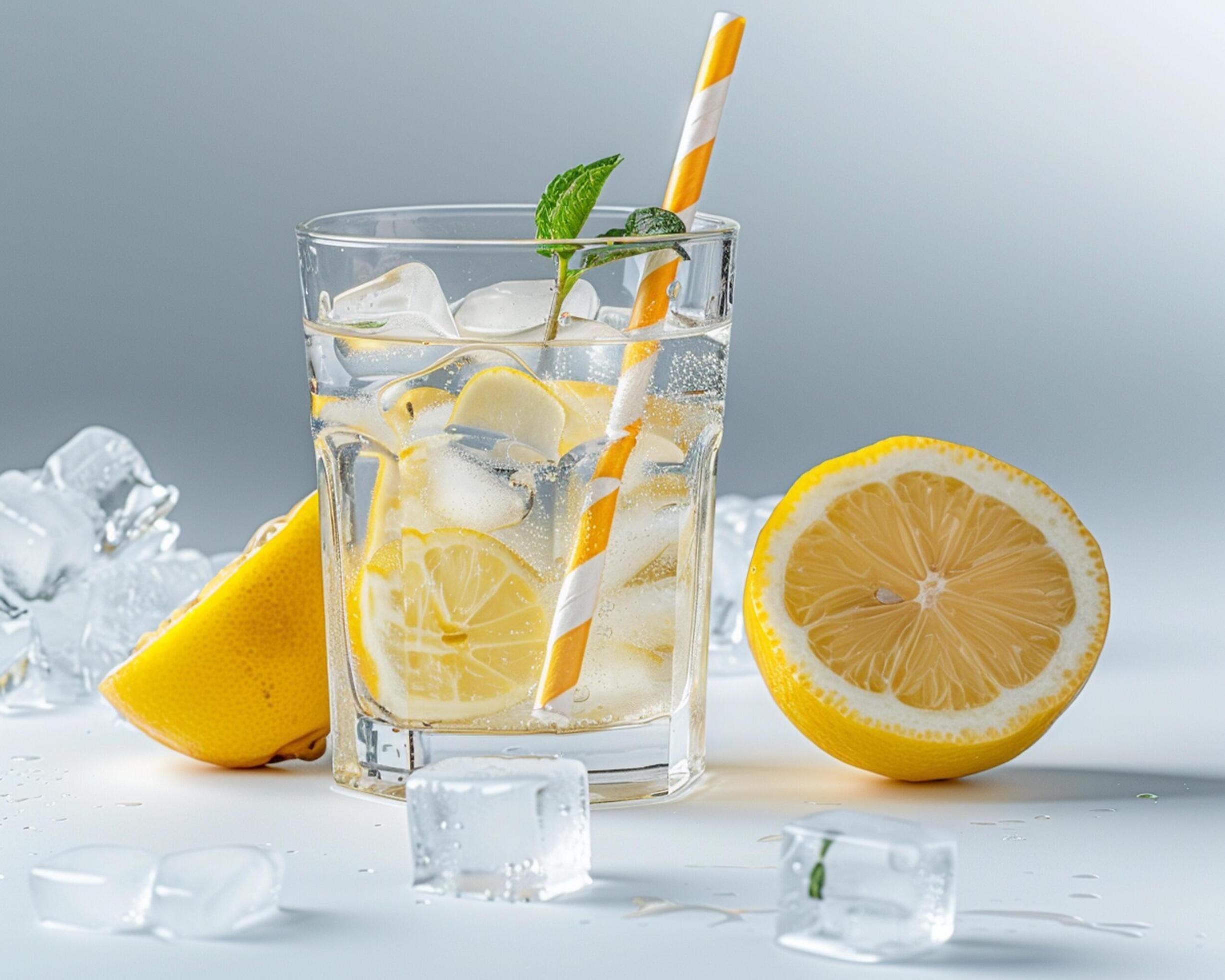 a glass of water with lemon slices and ice Stock Free