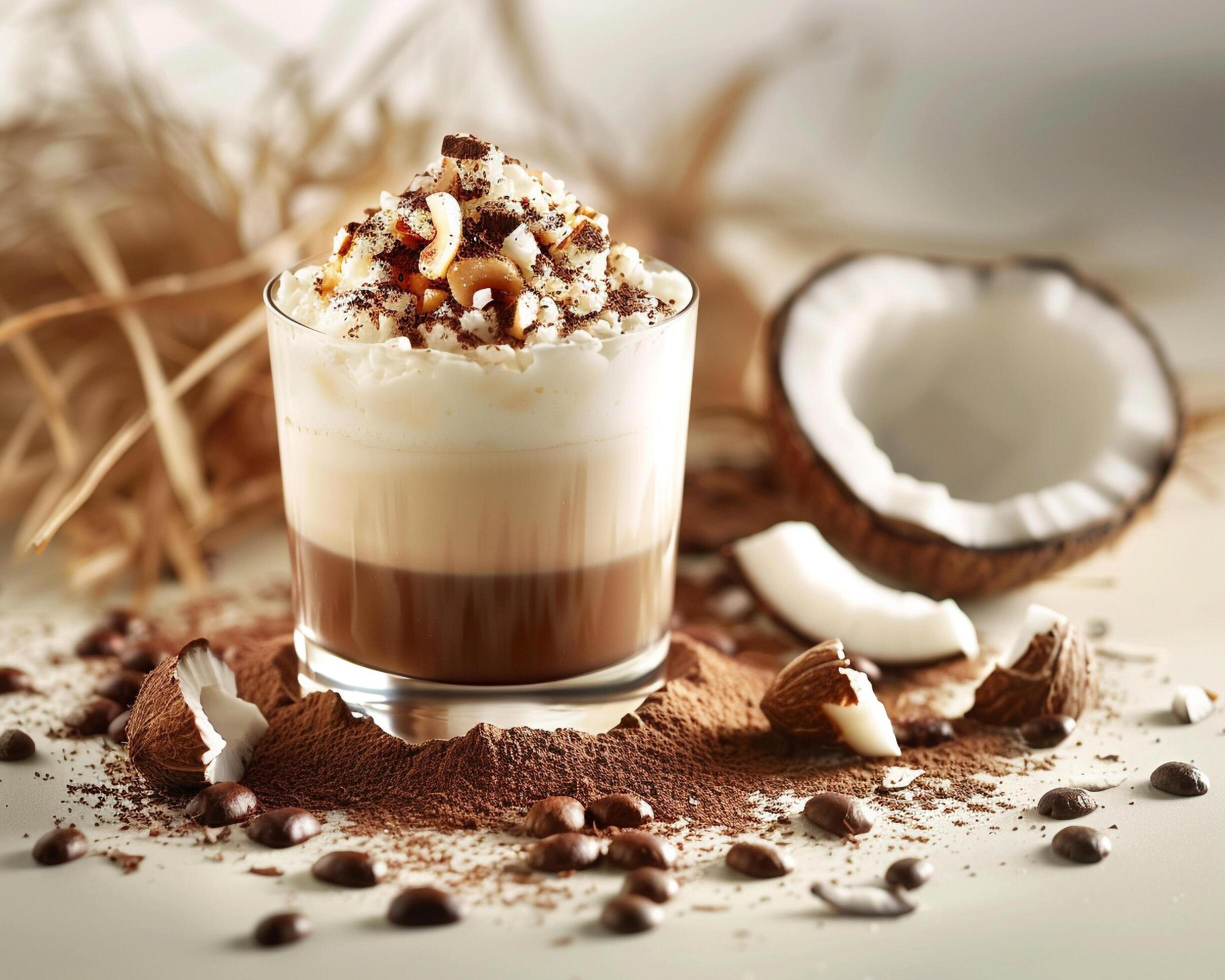 a glass of coffee with coconut and chocolate Stock Free