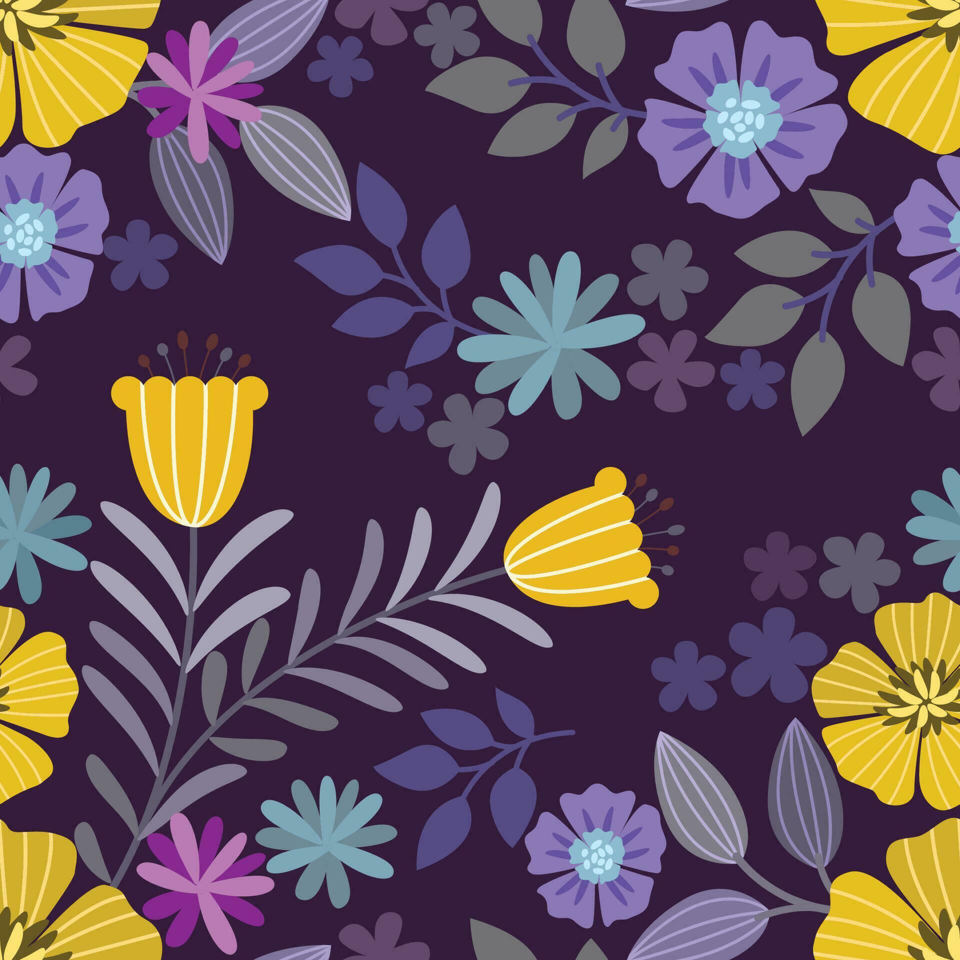 Yellow and purple flowers on deep purple color background. Stock Free