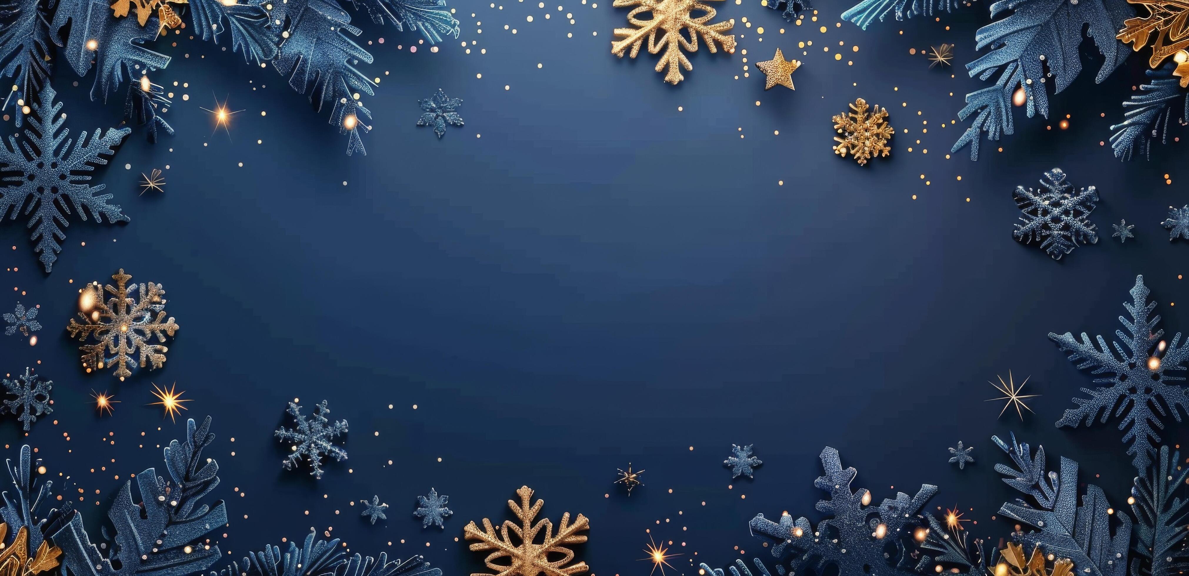 Gold Snowflakes on Dark Blue Background Stock Free