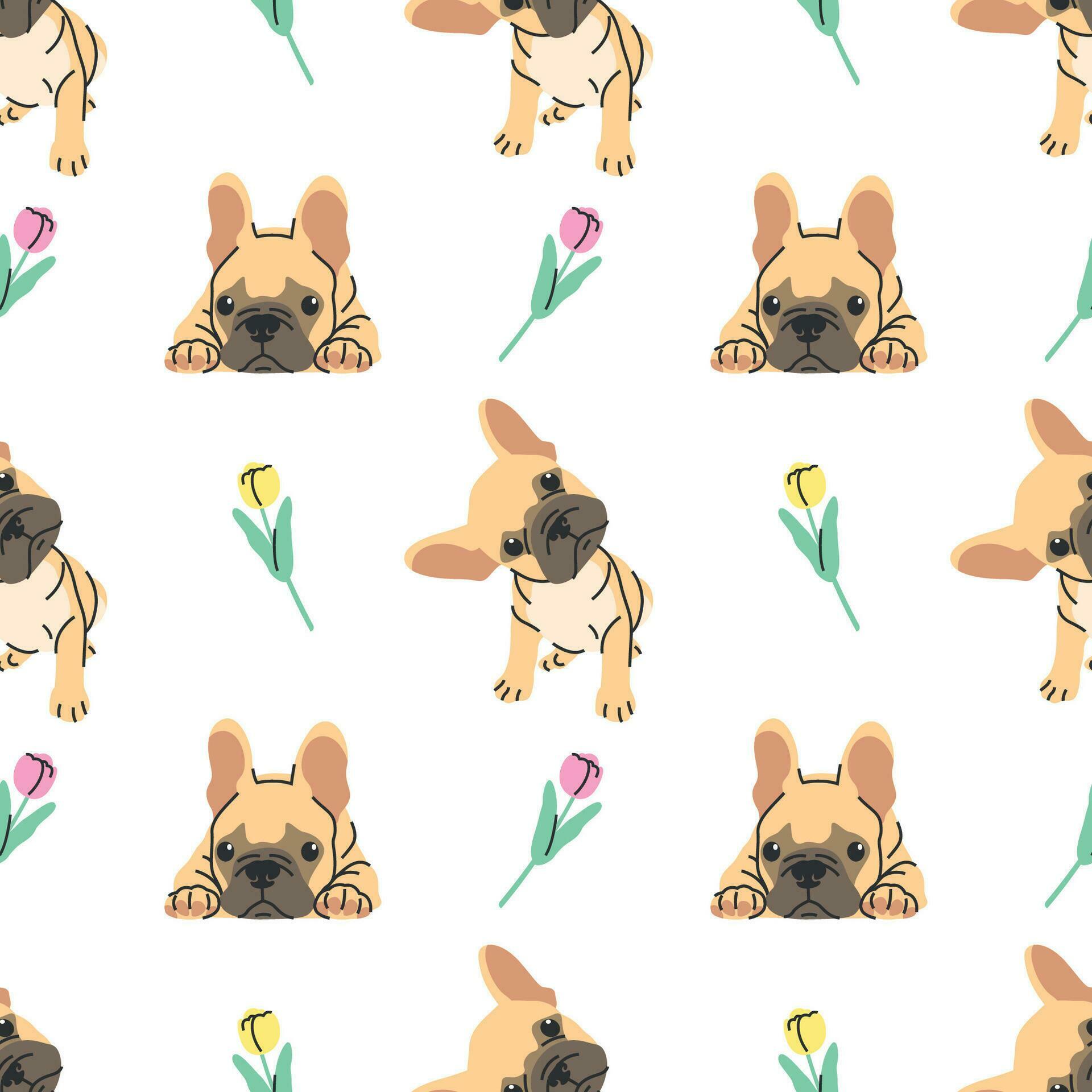 CUTE BROWN FRENCH BULLDOG WITH FLOWER FLAT SEAMLESS PATTERN DESIGN Stock Free