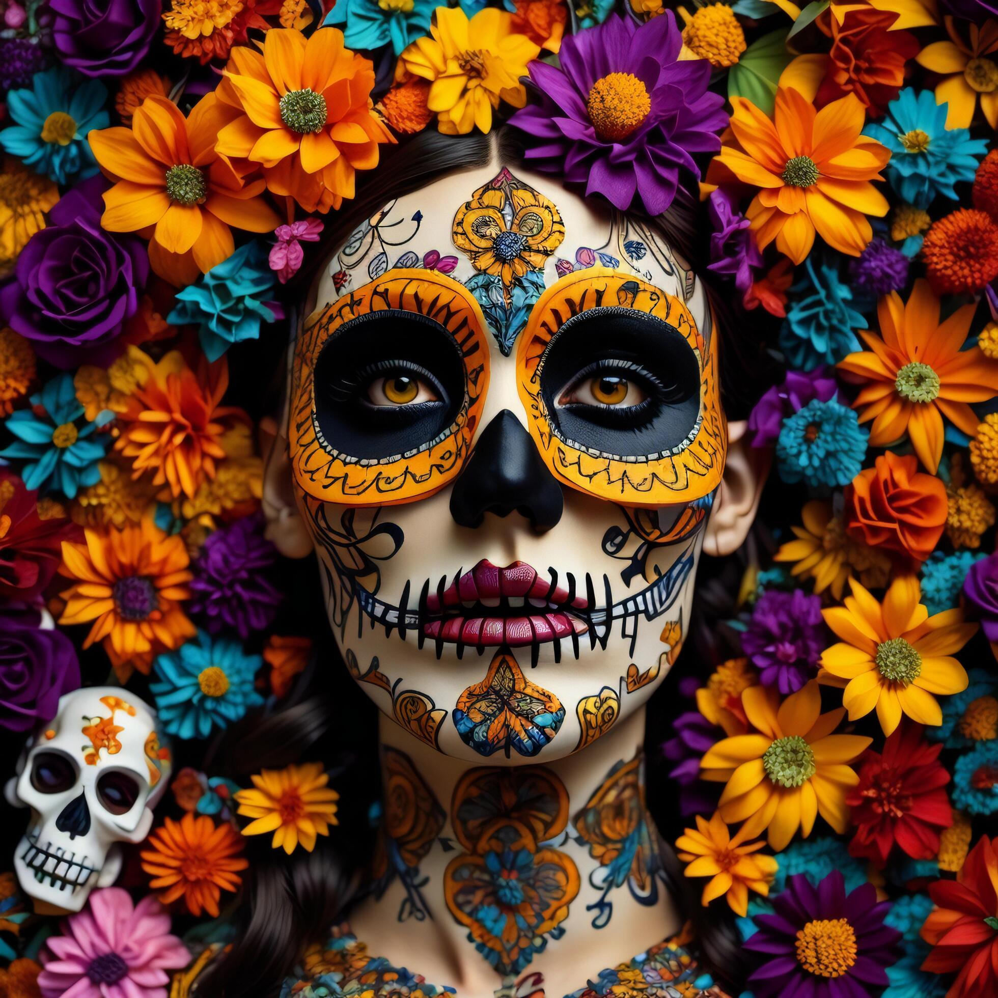 Day of the Dead sugar skull woman with colorful flowers background, close up. Stock Free