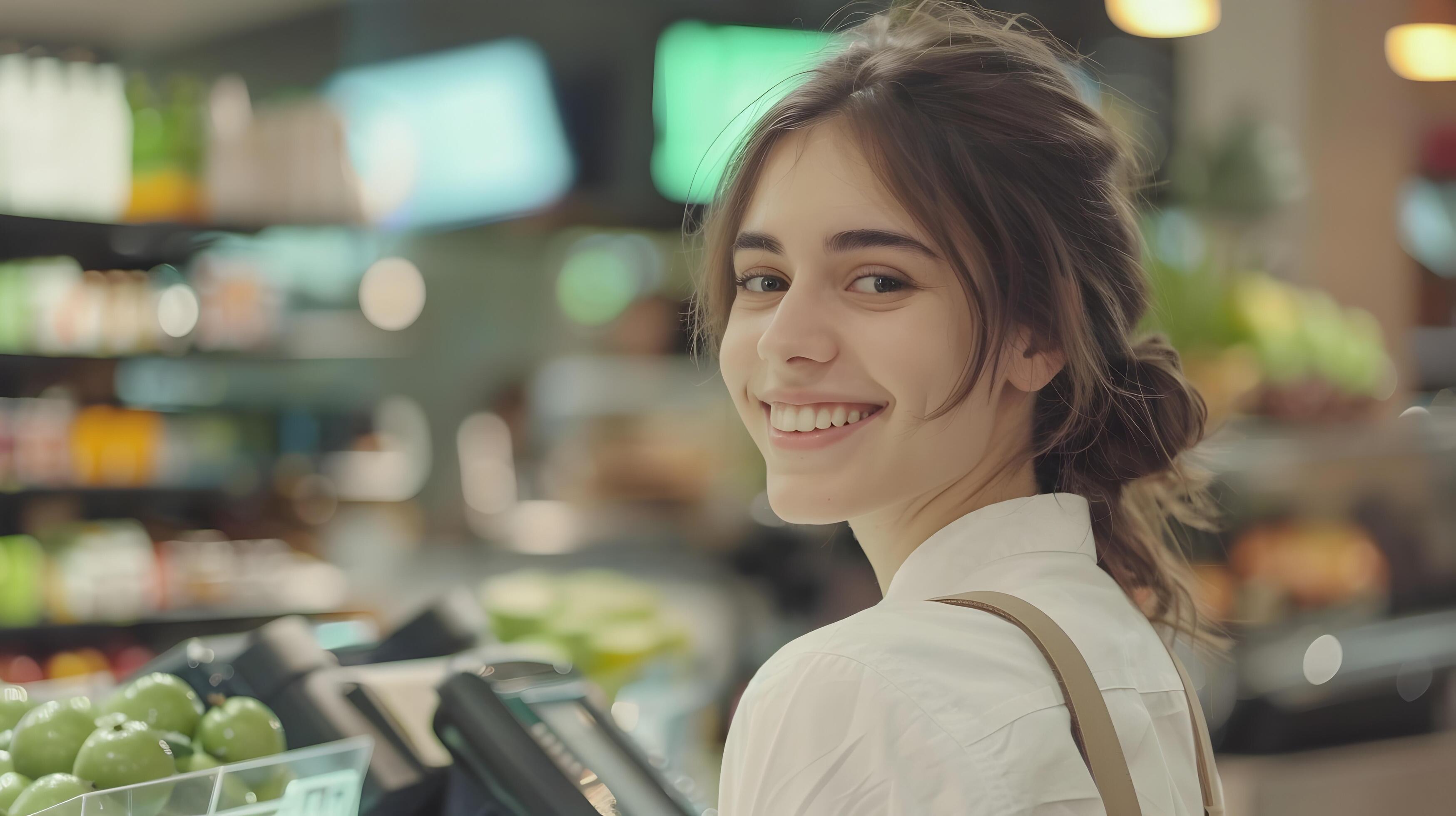 Welcoming Cashier Assisting Customer in Grocery Store Stock Free