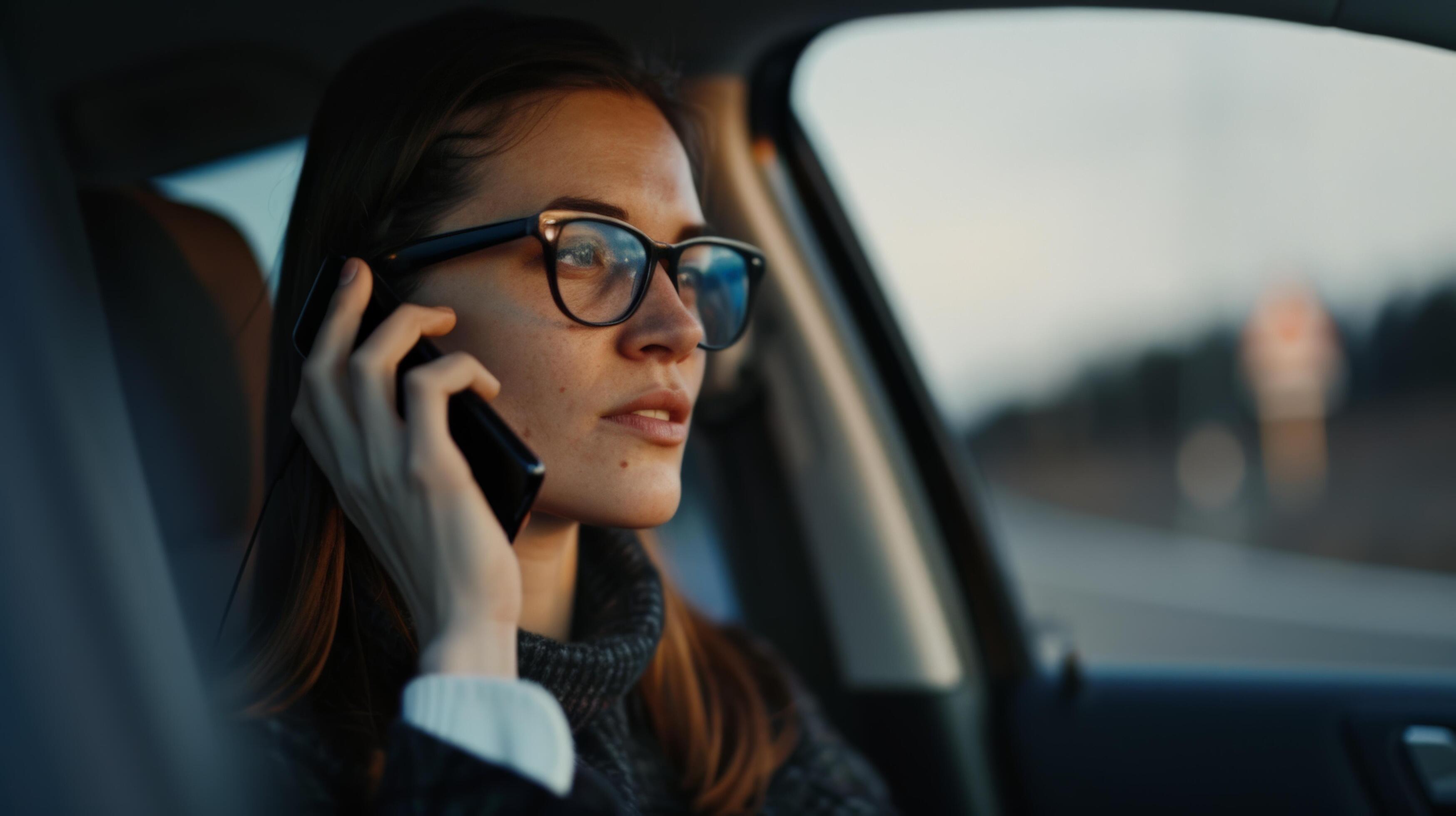 Young woman in glasses talking on smartphone while driving car. Modern communication and transportation Stock Free