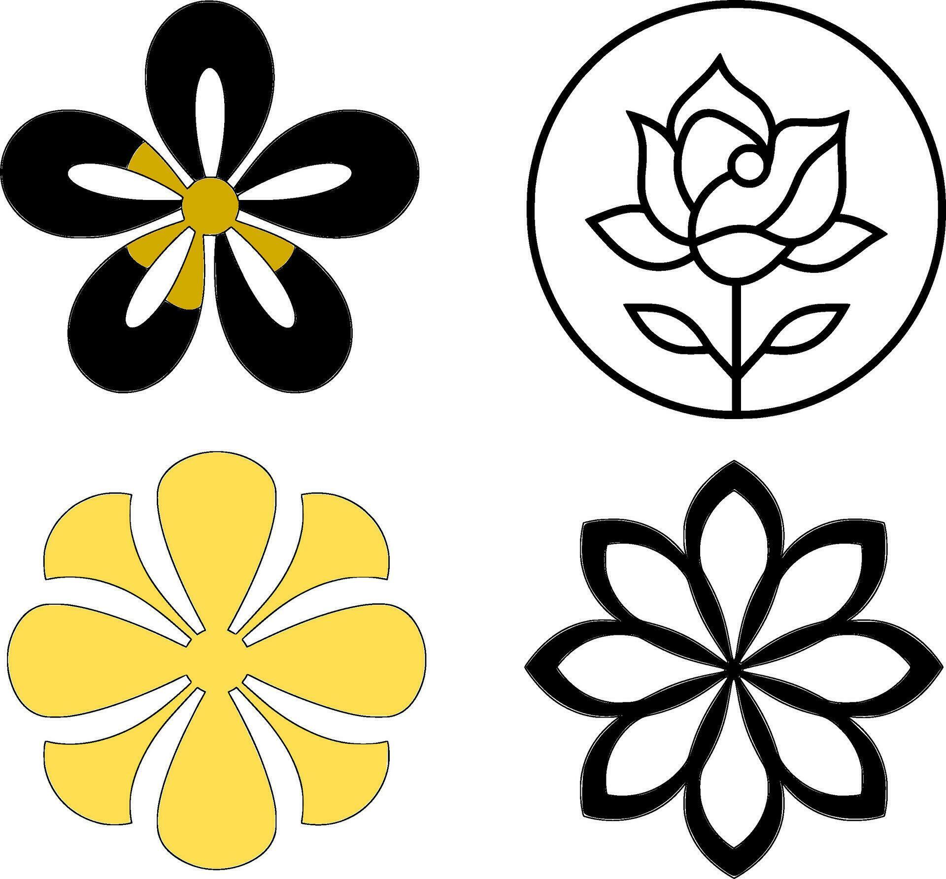 Minimalist flower icon set. Vector illustration. Black and white colors. Stock Free