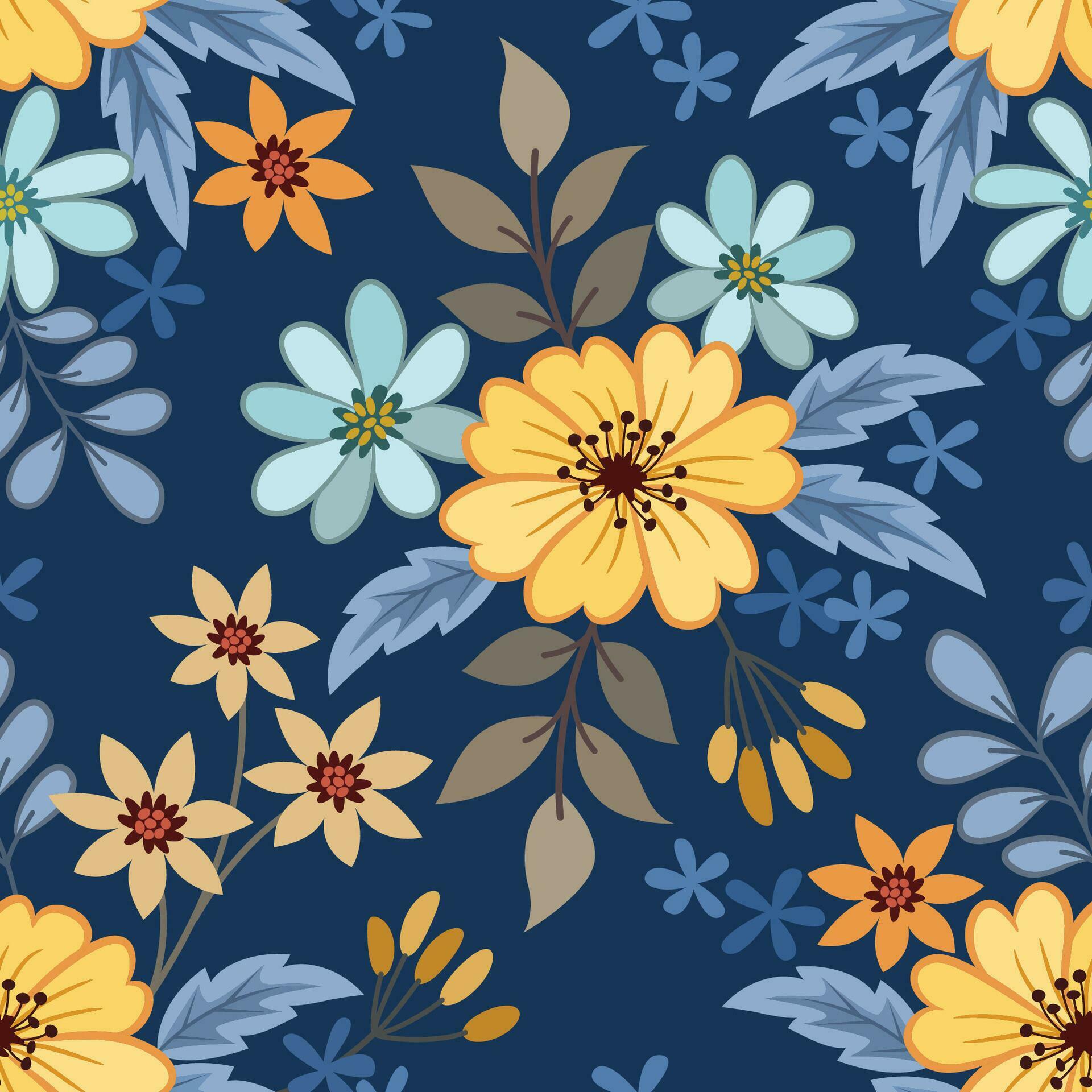 Yellow and blue flowers color on dark blue background seamless pattern. Stock Free