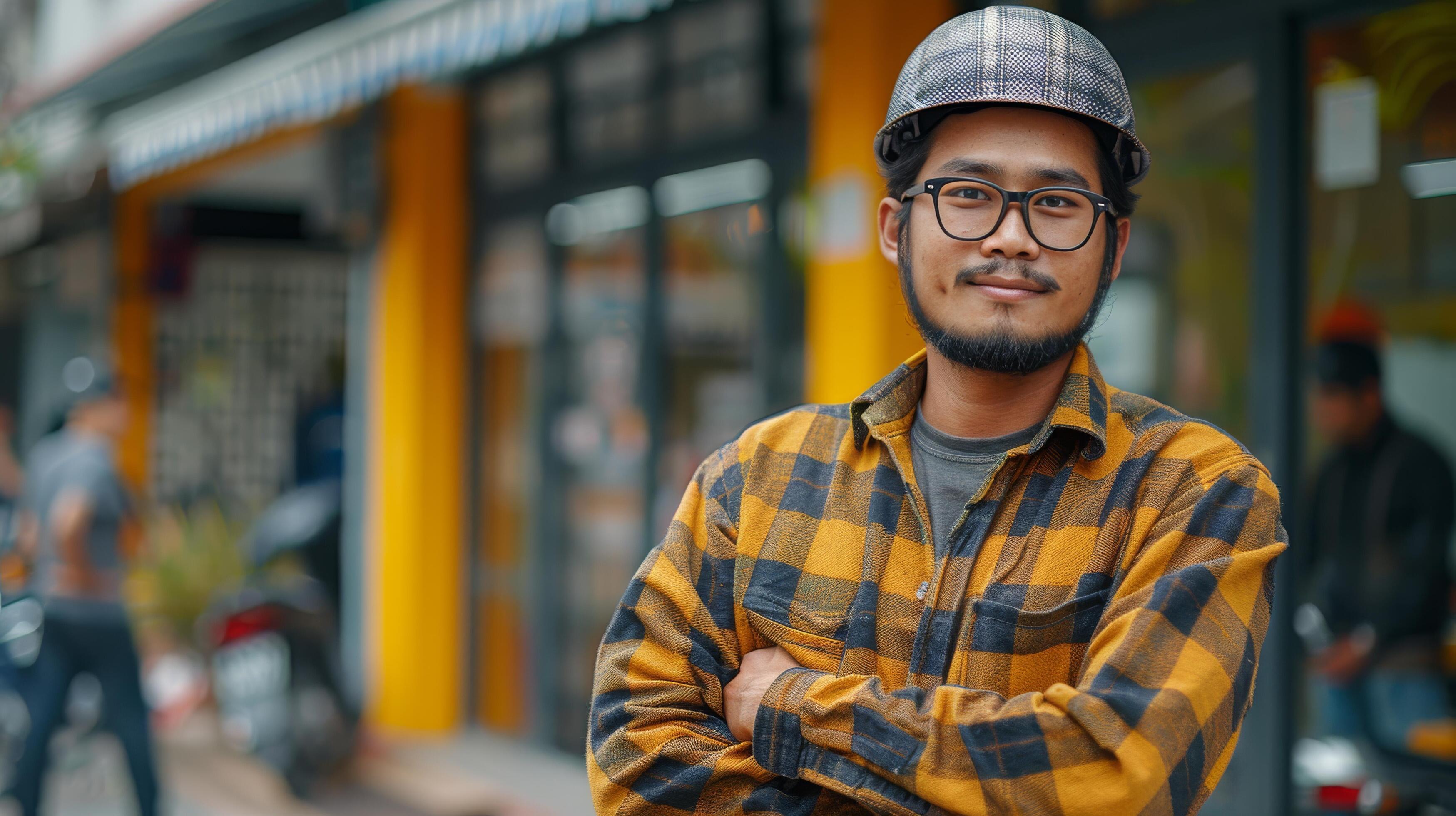 Man With Glasses and Hat Standing in Front of Store Stock Free