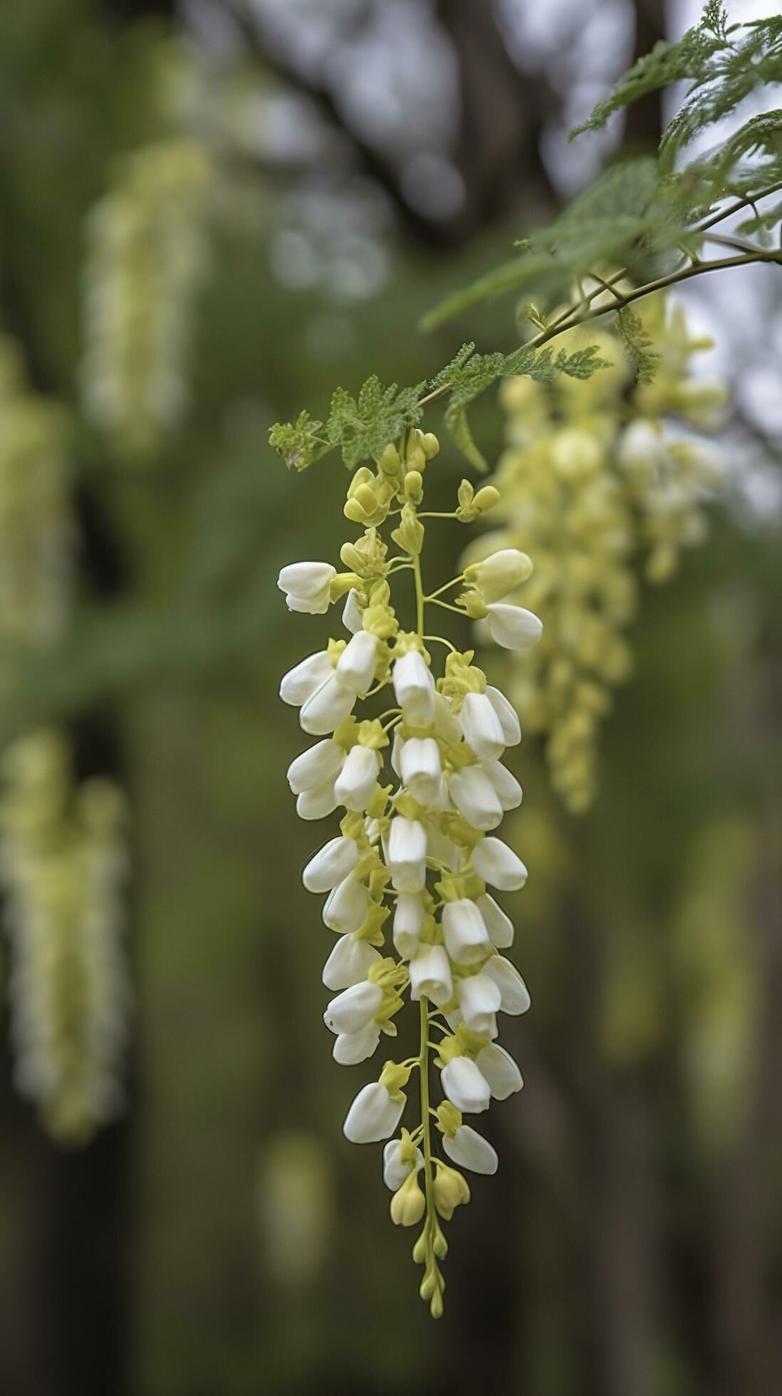 The green Sophora japonica trees are full of white Sophora japonica flowers, generate ai Stock Free