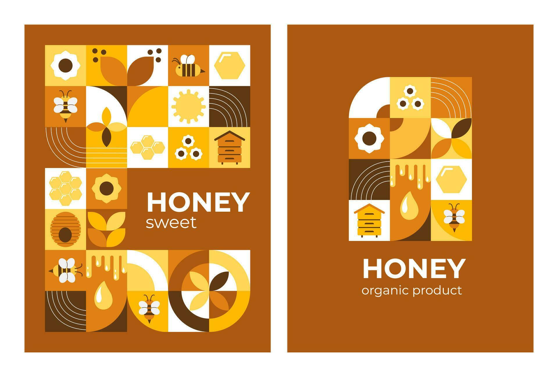 Postcard, poster with bees, honey, honeycombs, hive, flowers. Modern abstract background. Bauhaus style style. Vector illustration of geometric shapes. Stock Free