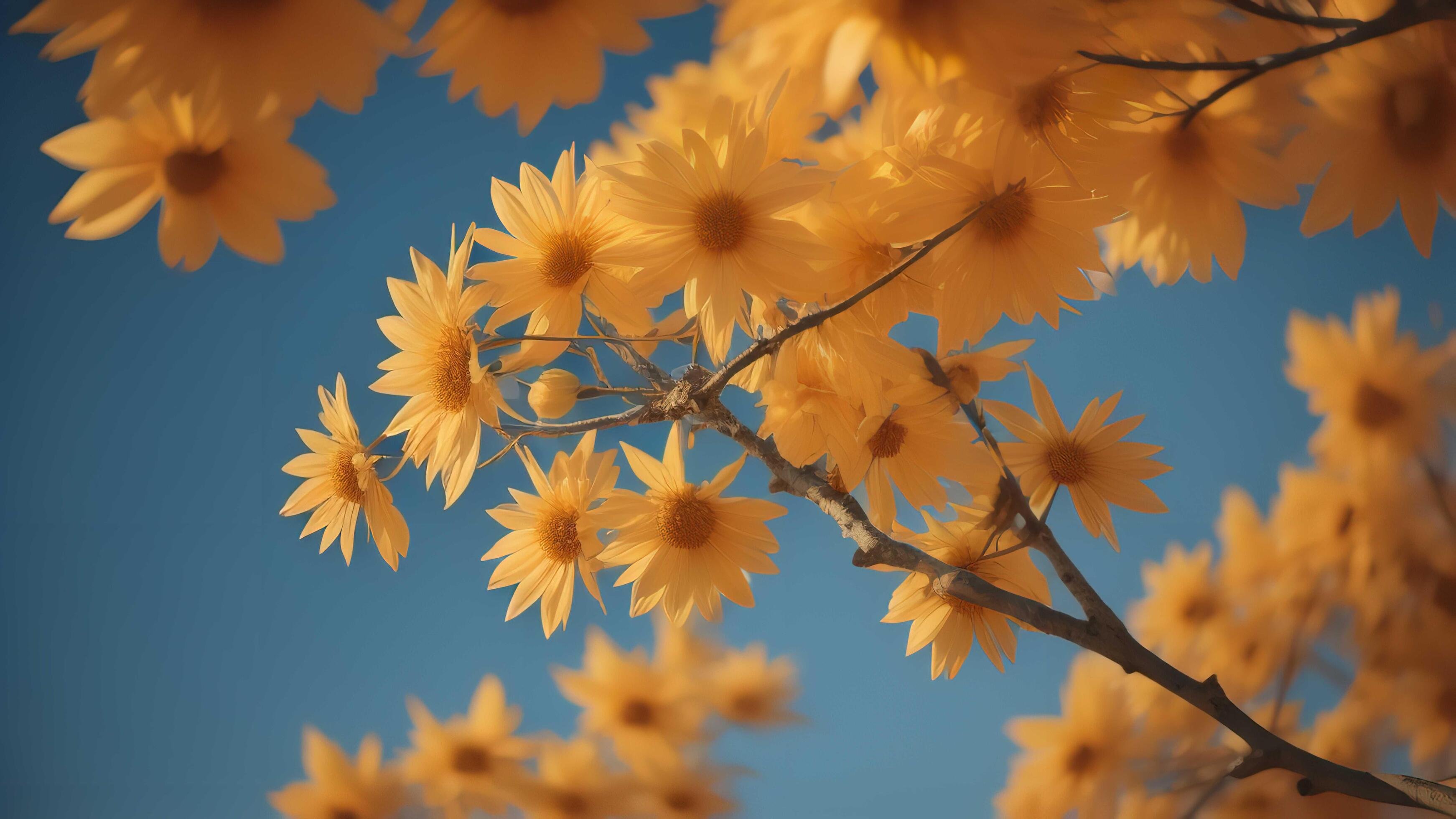 Beautiful yellow flowers with blue sky background in vintage color style, Stock Free