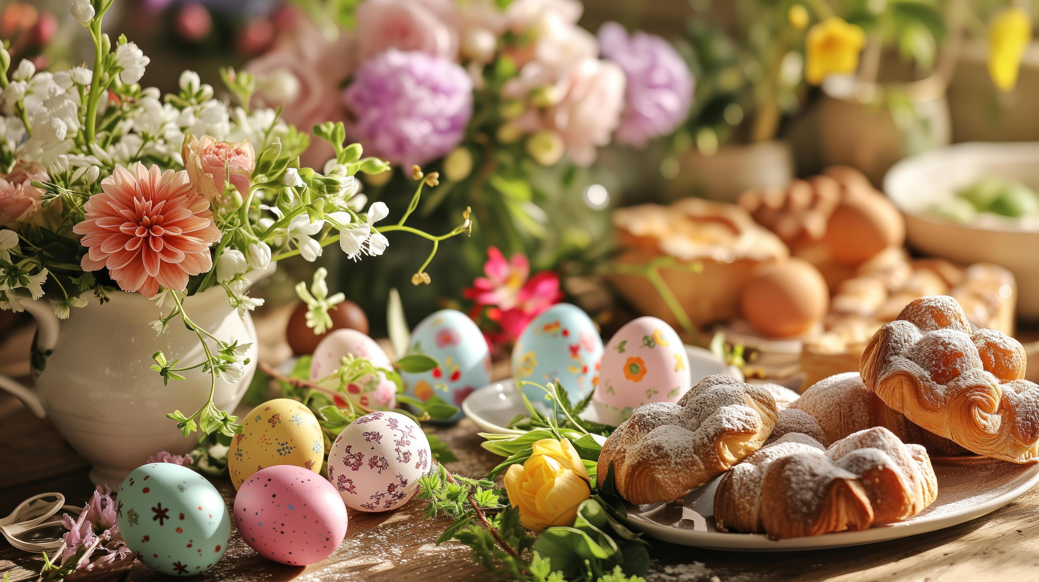 beautifully decorated Easter table with colorful eggs, fresh flowers, and delicate pastries Stock Free