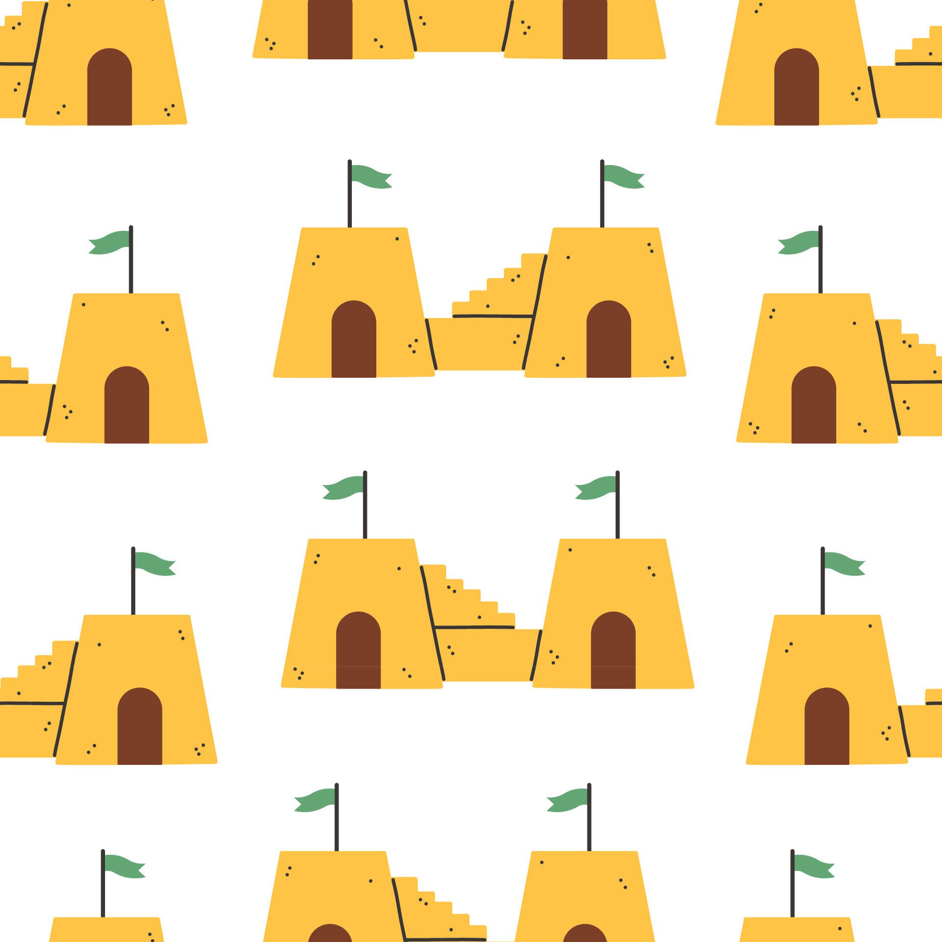 Summer sand castle pattern. Flat seamless pattern. Simple sand castle. Cartoon design. Flat illustration. Free Vector