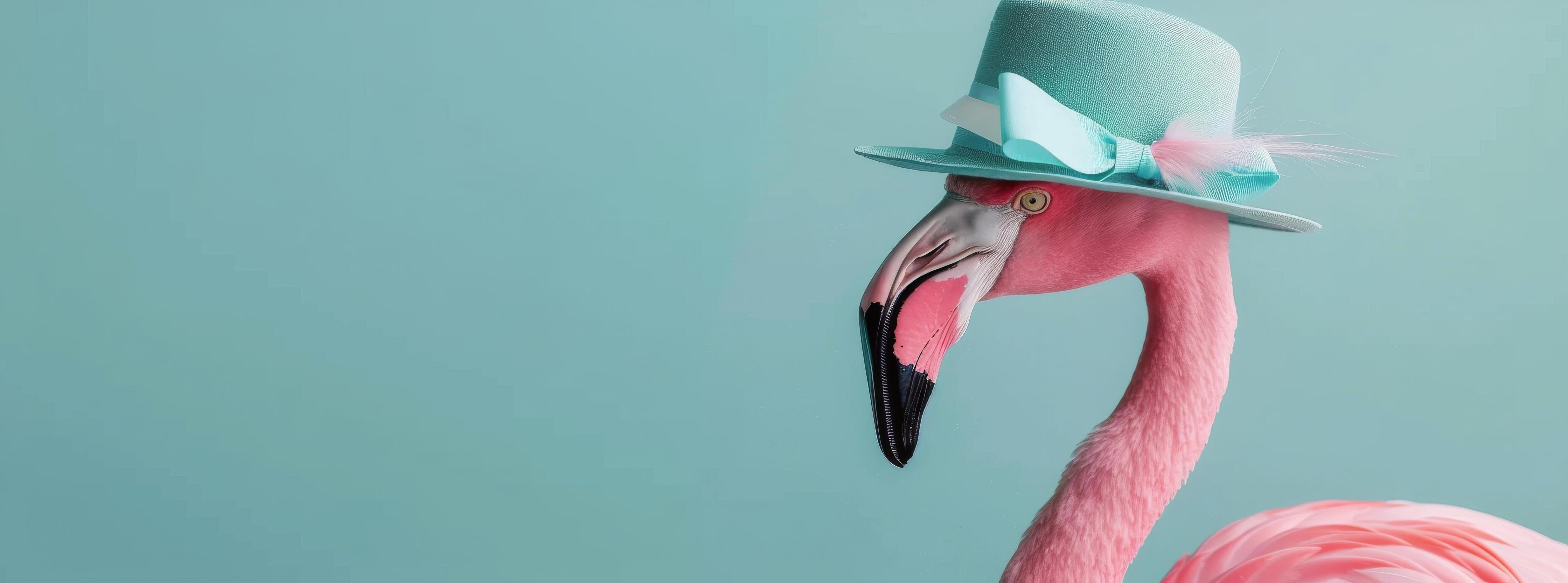 Pink Flamingo Wearing a Turquoise Hat Against a Soft Blue Background Stock Free