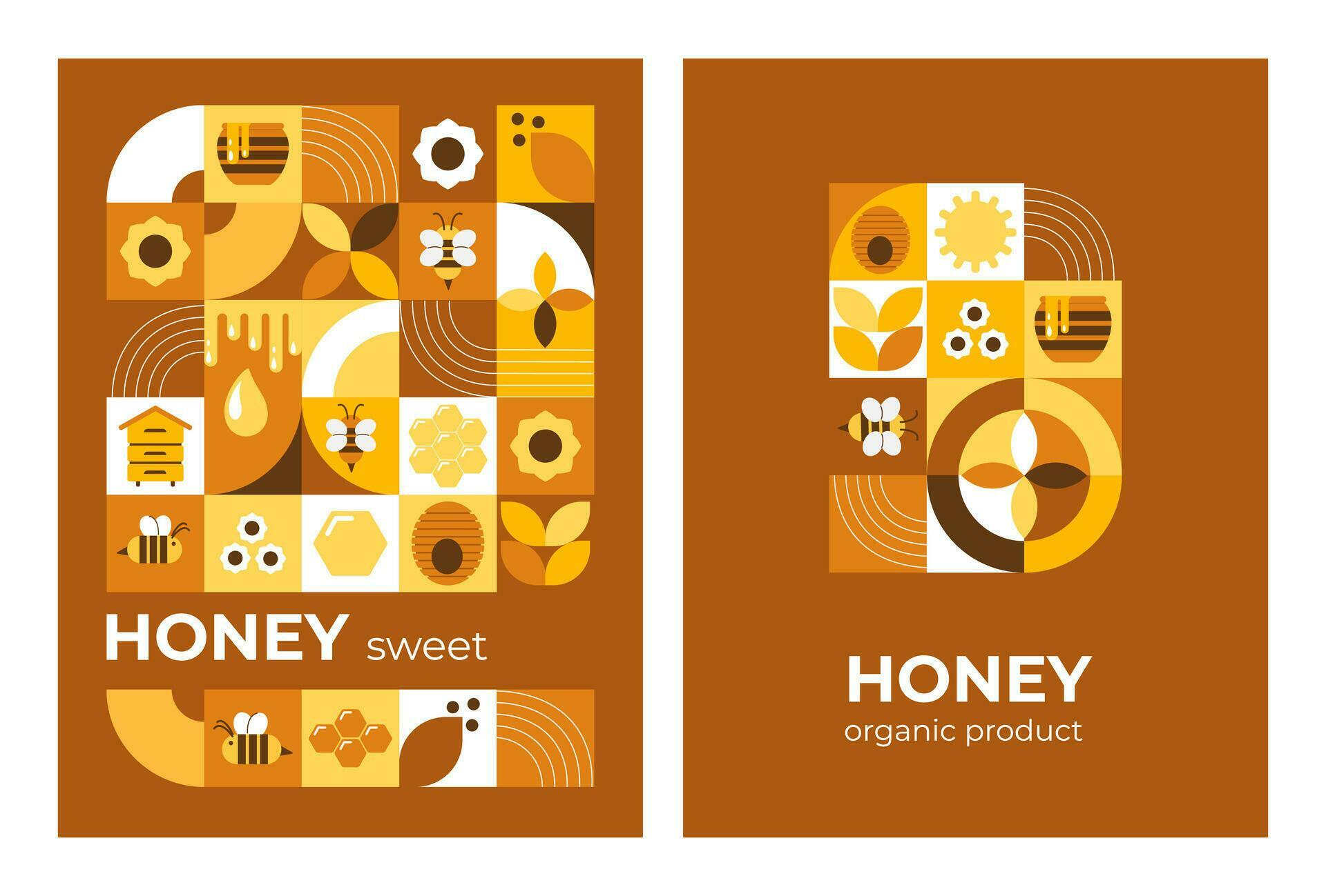 Postcard, poster with bees, honey, honeycombs, hive, flowers. Modern abstract background. Bauhaus style style. Vector illustration of geometric shapes. Stock Free