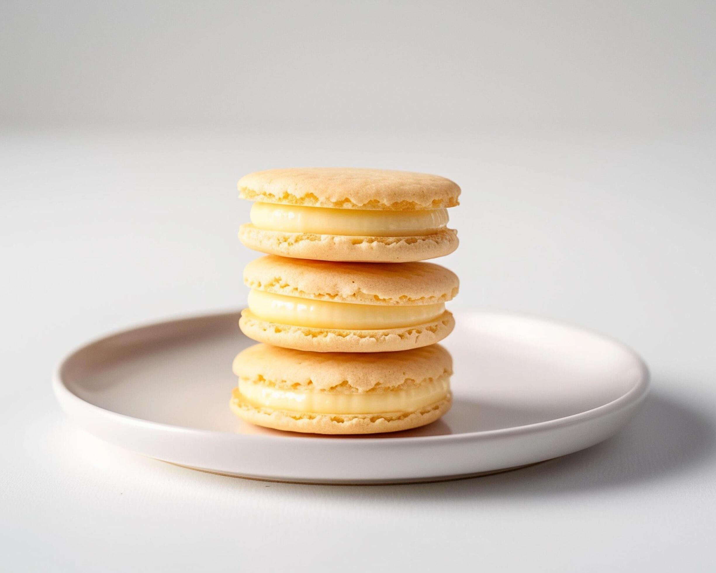 three macarons stacked on a white plate Stock Free