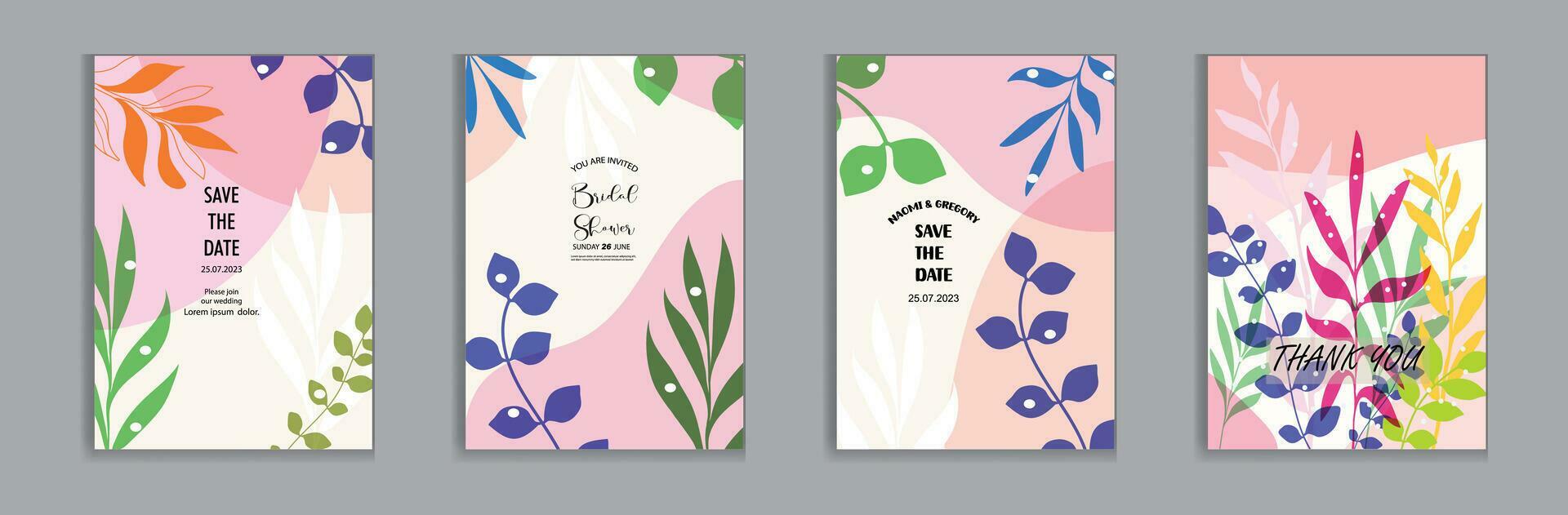 Vector bright and colorful wedding cards, invitation template leaves, and flowers floral Stock Free