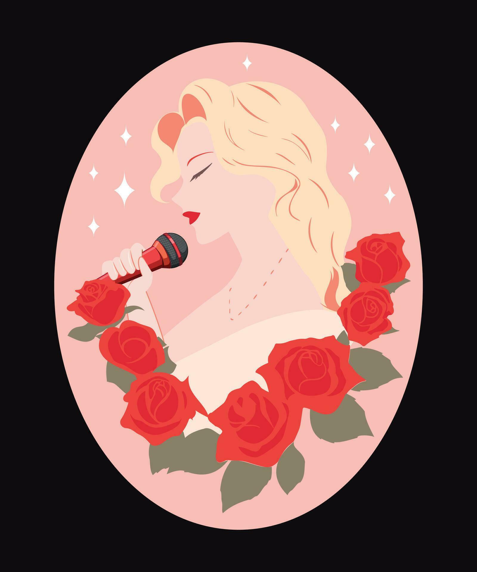 Vector portrait beautiful woman holding microphone and singing with flower Stock Free